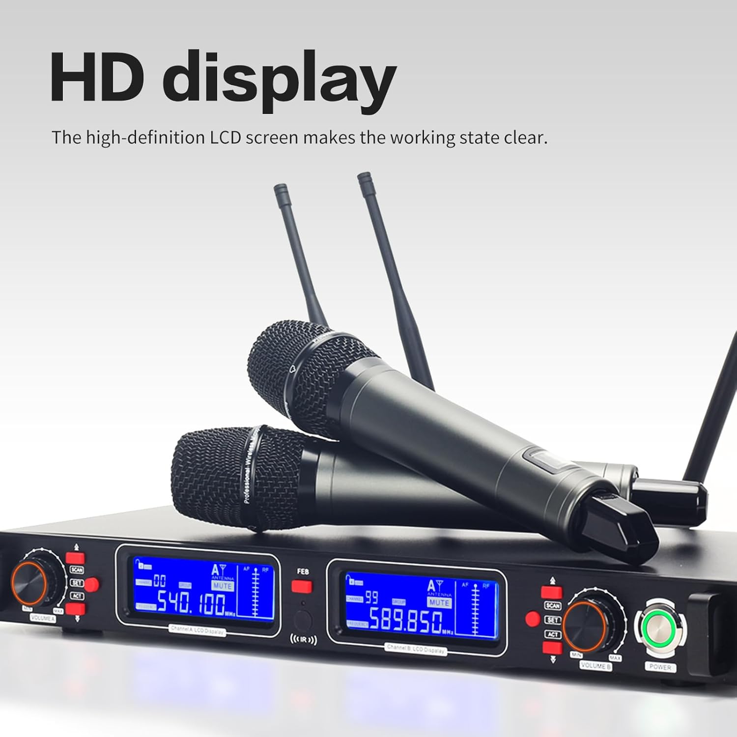 Profession Wireless Microphone System, UHF Handheld Dual Cordless Mic True Diversity Metal Microphones Set, 700ft Range, 2x100 Channels, Auto Scan, Mics for Stage/Studio/Singing/Church