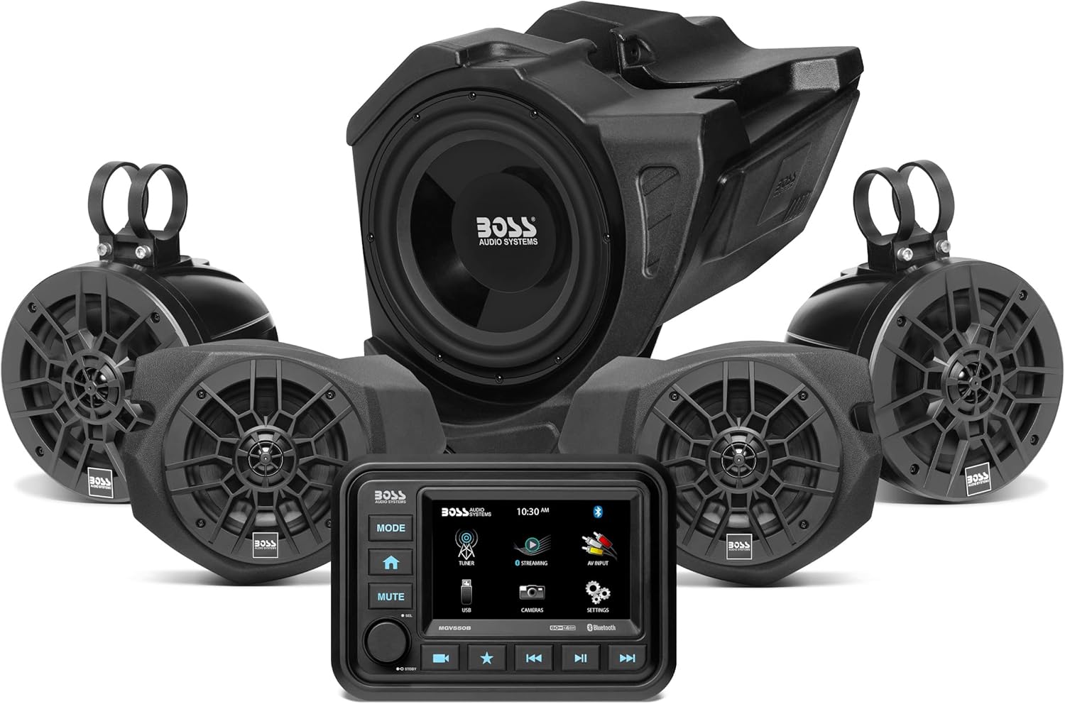 BOSS Audio Systems BPRZR5 ATV Stereo System - Touchscreen Radio Receiver Head Unit, 5 Full Range Speakers, for Polaris RZR 2014-2023 900, 1000, Turbo & XP 1000 Models, Bluetooth, No CD Player