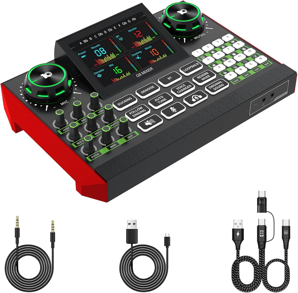 Tenlamp G9 Live Sound Card — Game audio mixer with built-in audio interface, compatible with smartphones and computers. Soundboard designed for live streaming and content creation.