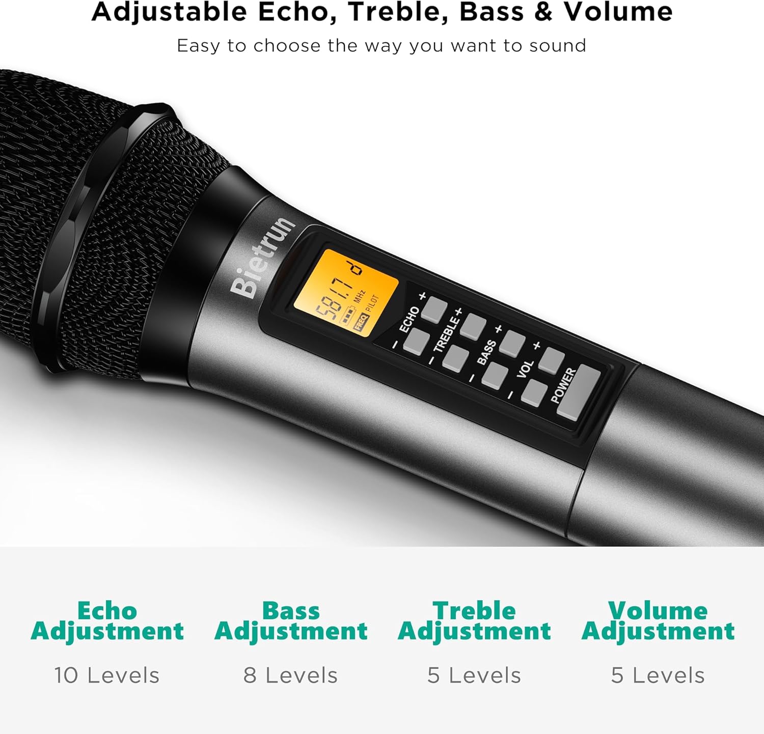 Bietrun 4 Channel Wireless Microphone with Echo/Treble/Bass, 160 ft UHF Range, 4 XLR+1/4‘’Output, Metal Cordless Handheld Dynamic Mics System for Wedding, Church, Karaoke, Singing, DJ(Auto Connect)