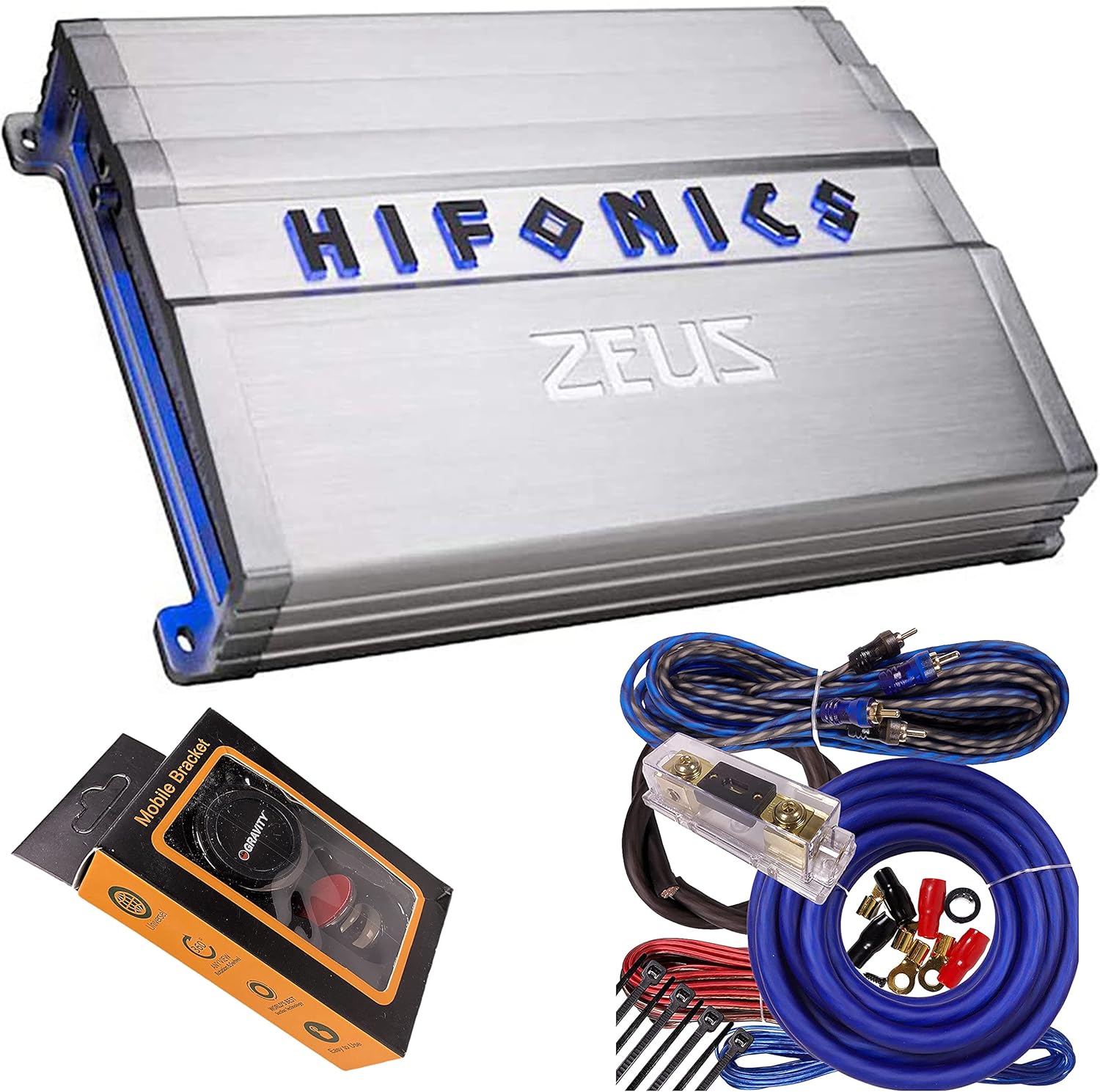 Hifonics ZG-2400.1D Zeus Gamma 1 Channel Super D Class 2400 Watt Car Audio Sound System Subwoofer Speaker Amp Amplifier with Gravity Magnet Phone Holder and 4 Gauge Kit Blue Bundle
