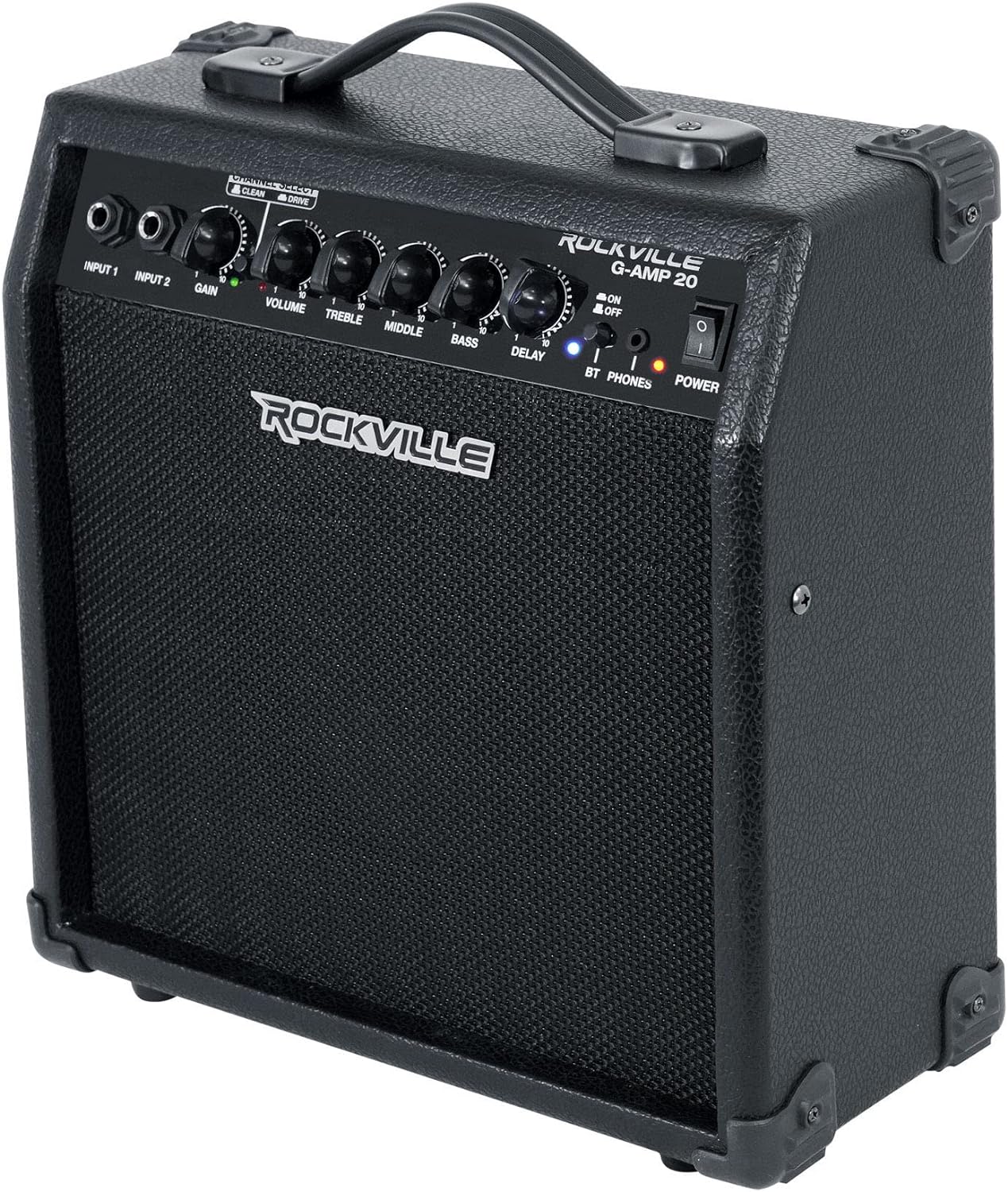 Rockville G-AMP 20 Bundle: 20 Watt Dual Input Guitar Amplifier Combo with Bluetooth and Delay, PRO-M50 Studio Headphones with Case and Extra Ear Pads, 2-Items