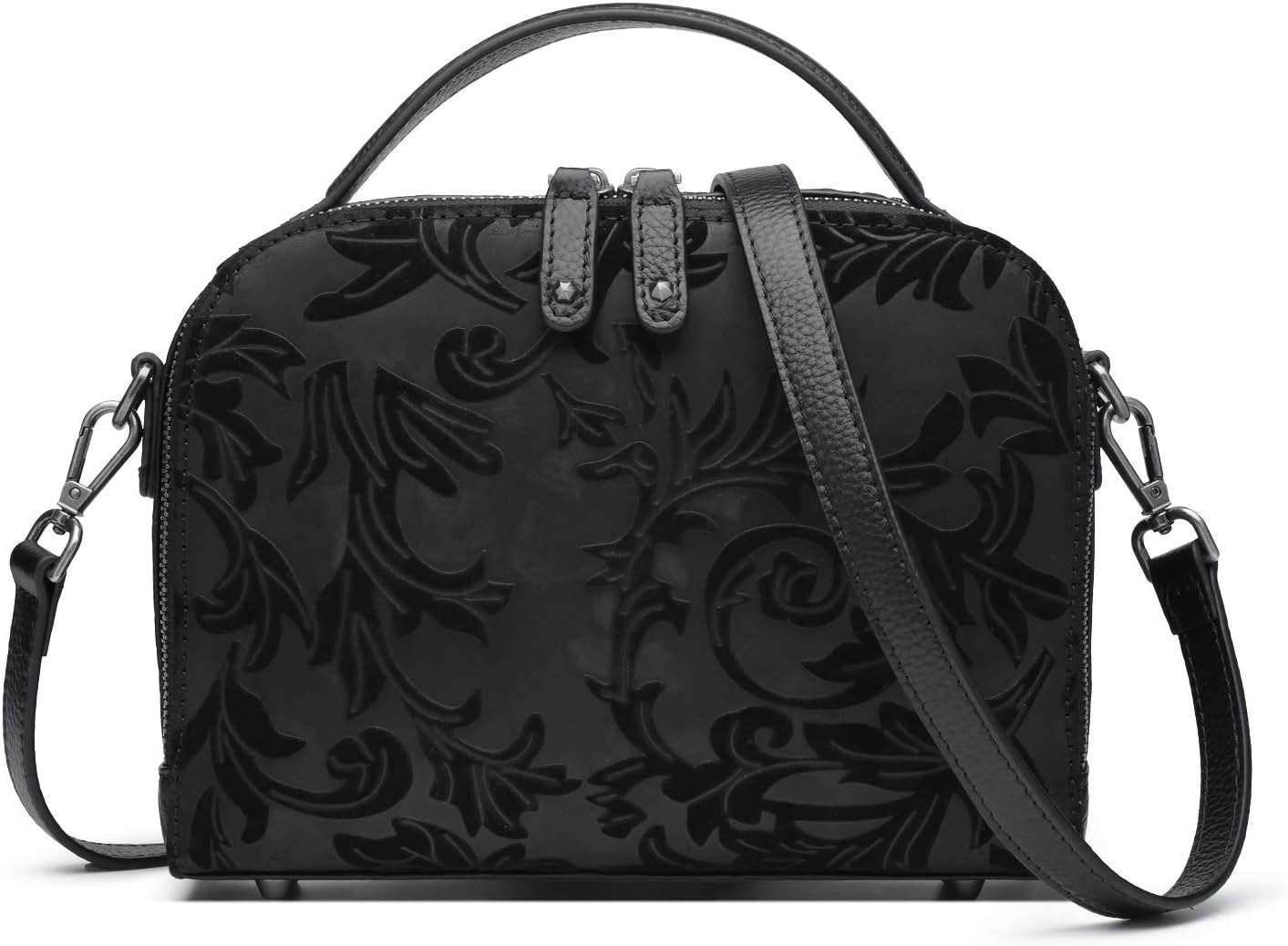 Women Genuine Leather Messenger Crossbody Handbag Design Embossed Floral Pattern Sling Satchel Shoulder Bag