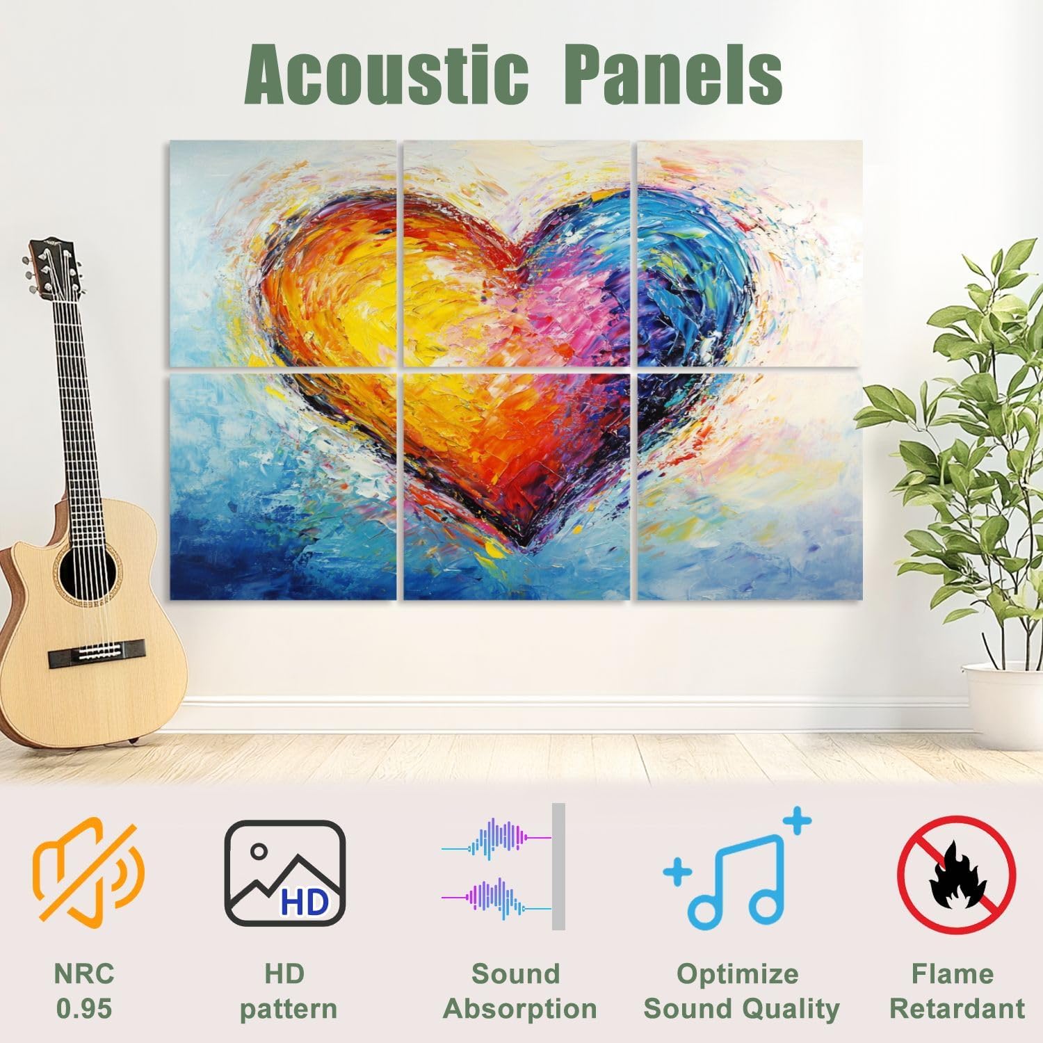 6 Pack Art Acoustic Panels Sound Absorbing Abstract Colorful Textural Heart Multicolored Brushstroke Textures Decorative Soundproof Wall Panels Self Adhesive for Recording Studios Office 72