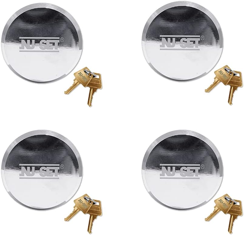 NU-SET 2-7/8 Inch Heavy Duty Solid Steel Hockey Puck Padlock with Hardened Reinforced shackle for superior cut resistance.Hidden Shackle Design resists pulling and prying, Chrome Finish,4 piece,5373-3