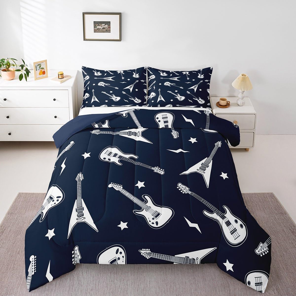Manfei Guitar Bass Comforter Set for Kids Music Theme Guitars Bedding Set Funny Musical Instrument Bedding Home Decor Navy Blue Comforter King Size 3 Pieces Quilted Duvet with 2 Pillowcase