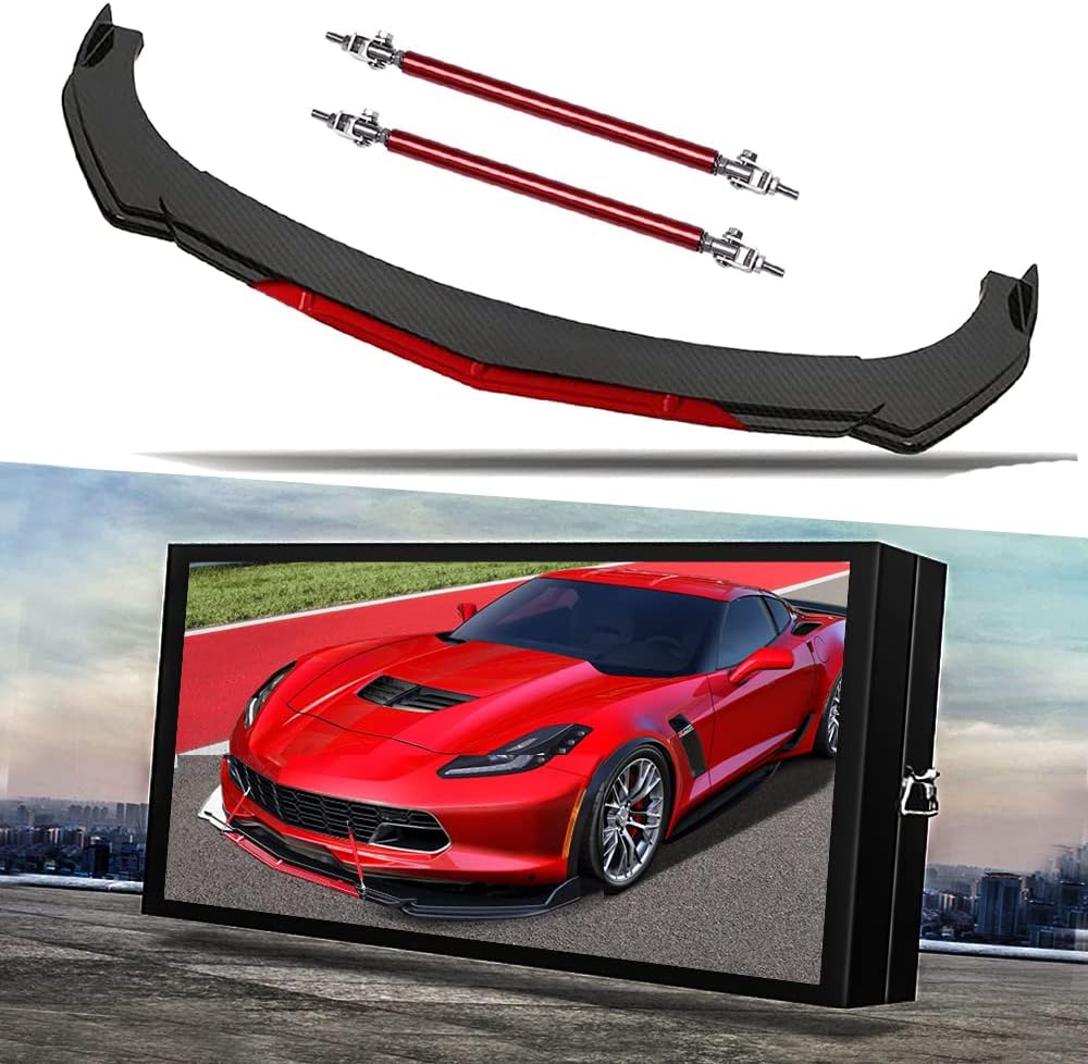 Universal Glossy Black&Red Front Bumper Lip Chin Spoiler Splitter Diffuser Guard Wing Protector Trim Car Body Kit with Red Adjustable Support Splitter Rod