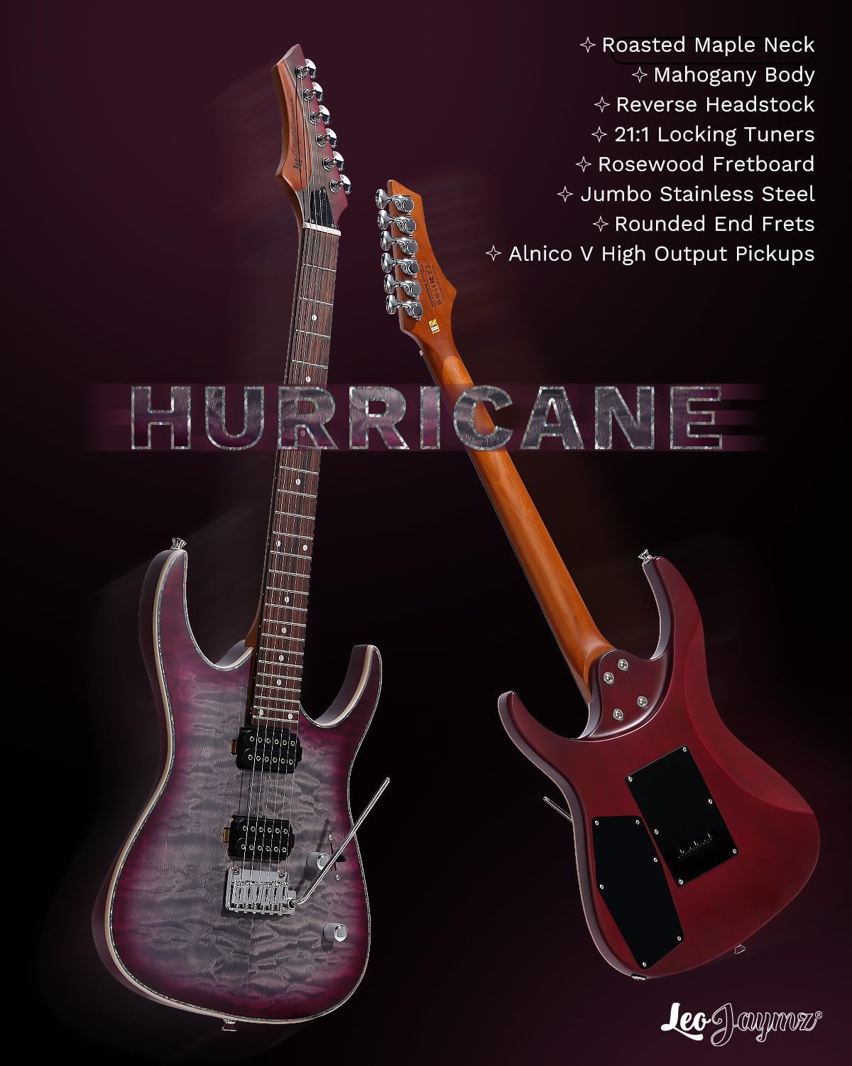 Leo Jaymz Hurricane Series Electric Guitar,Double Cut Arched Top Mahogany Body,Reverse Headstock,Roasted Maple Neck,Rosewood Fretboard,Alnico V Pickups,Locking Tuners,Tremolo Bridge (Purple Black)