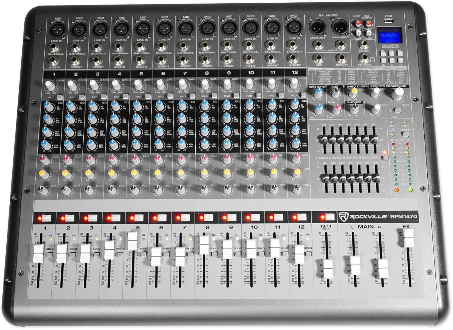 Rockville RPM1470 6000W Peak 14-Channel Powered Mixer, 750W RMS x 2 at 4 Ohm, USB/Bluetooth, 24-Bit Effects, 14 XDR2 Mic Preamps, for Live Events/Church Bands