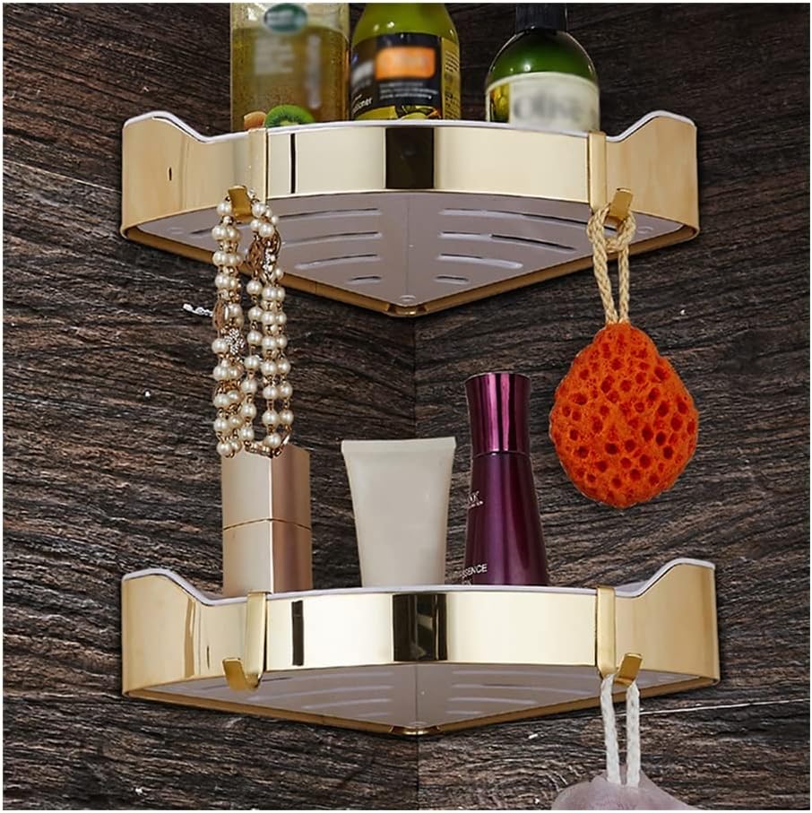 Gold Stainless Steel Corner Shower Caddy - Wall-Mount Triangle Storage Rack for Bathroom, Kitchen & Cosmetics - Brushed Nickel Finish, Durable ABS Plastic, Draining Design, Stylish Shelves(Gold Double