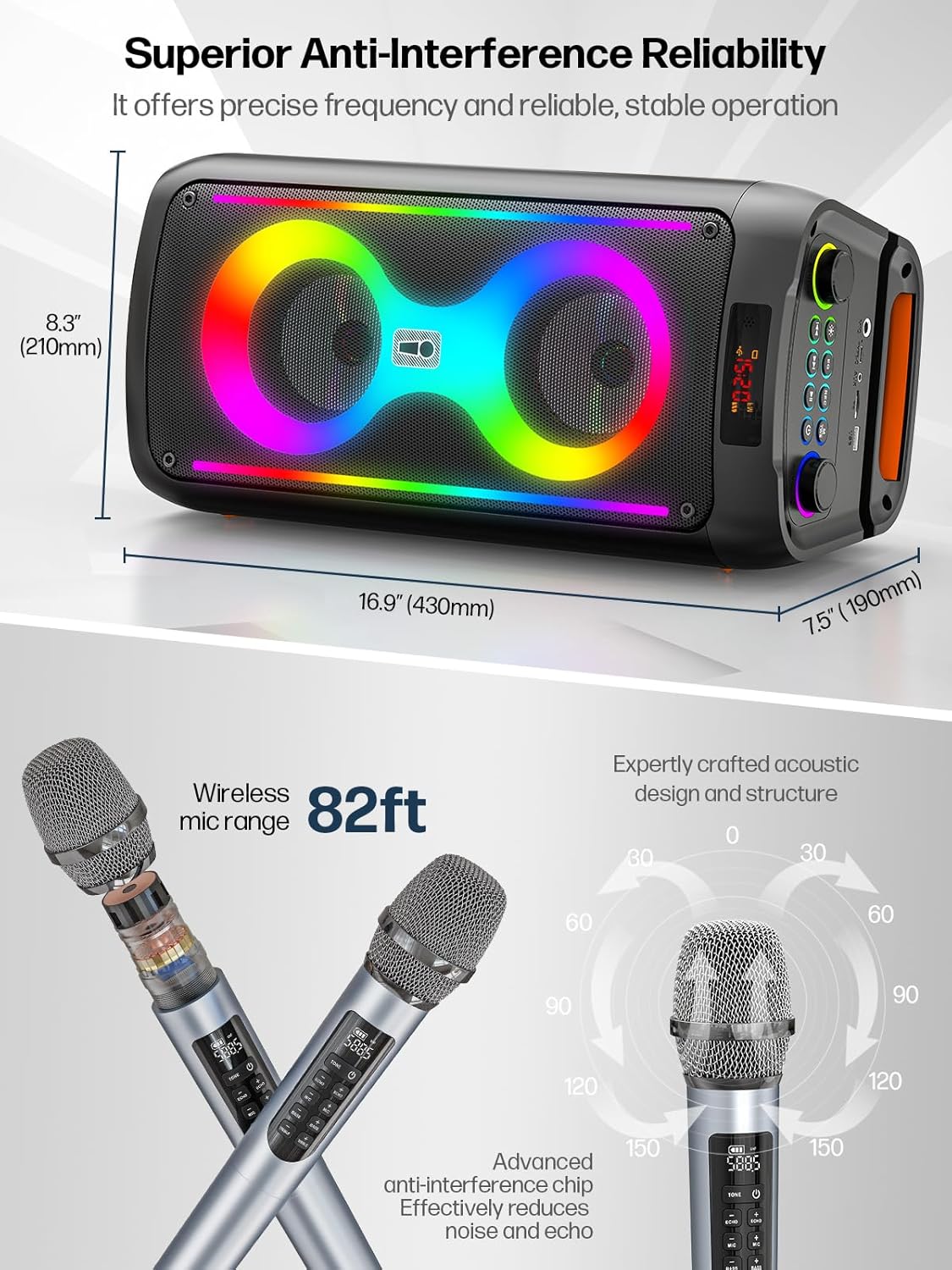 Karaoke Machine, Portable Bluetooth Speaker with 2 Wireless Microphones, PA System with Disco Lights for Big Party, Outdoor, Supports USB/TF/REC/AUX, Ideal Gifts for Family, Music Lover