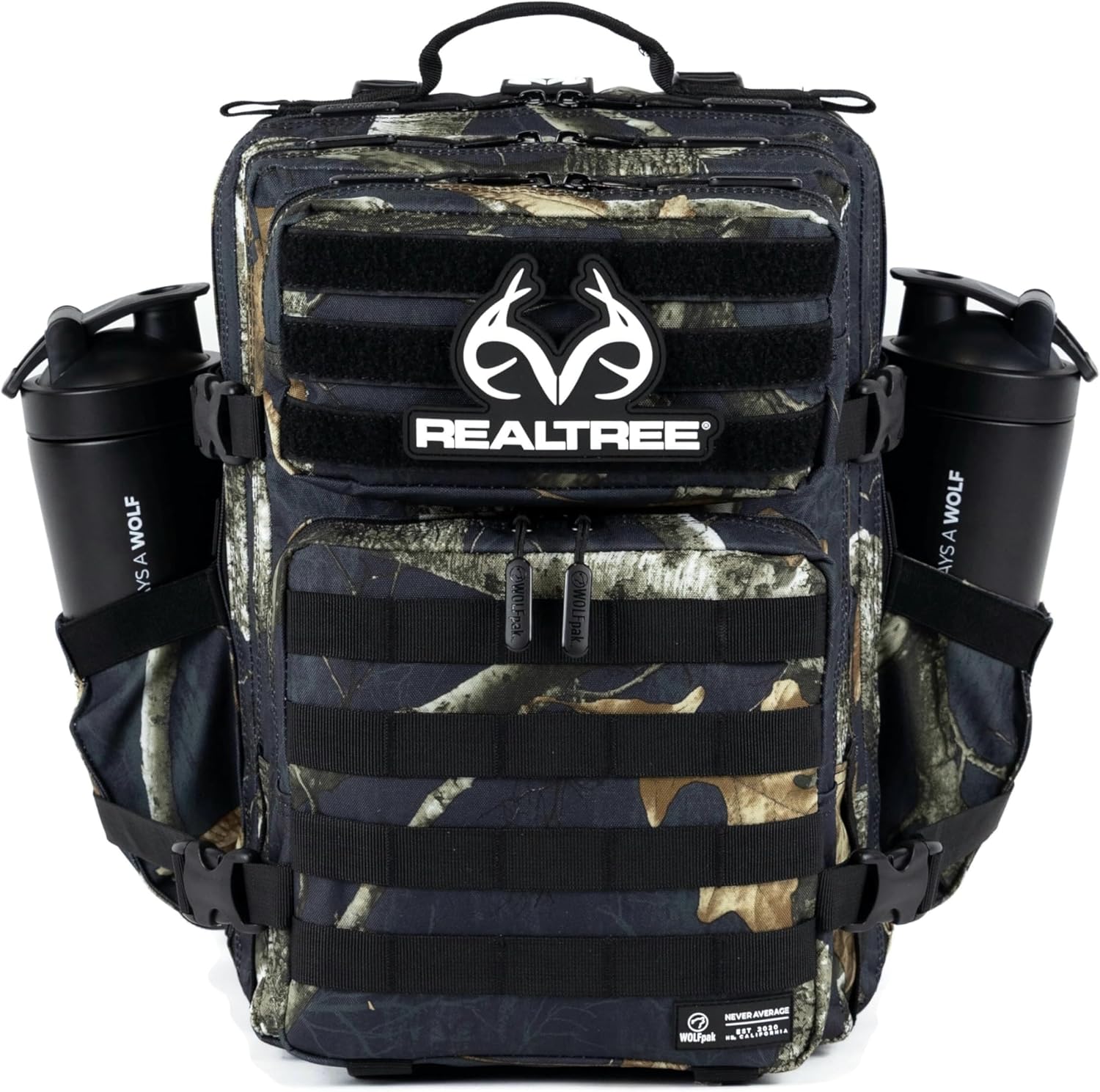 WOLFpak 25L Athletic Gym Backpack - Durable 1000D Waterproof Oxford Material with MOLLE Webbing, Laptop Pocket & Dual Cup Holders, Durable Fitness/Travel/Military Daypack (Realtree Edge Black)