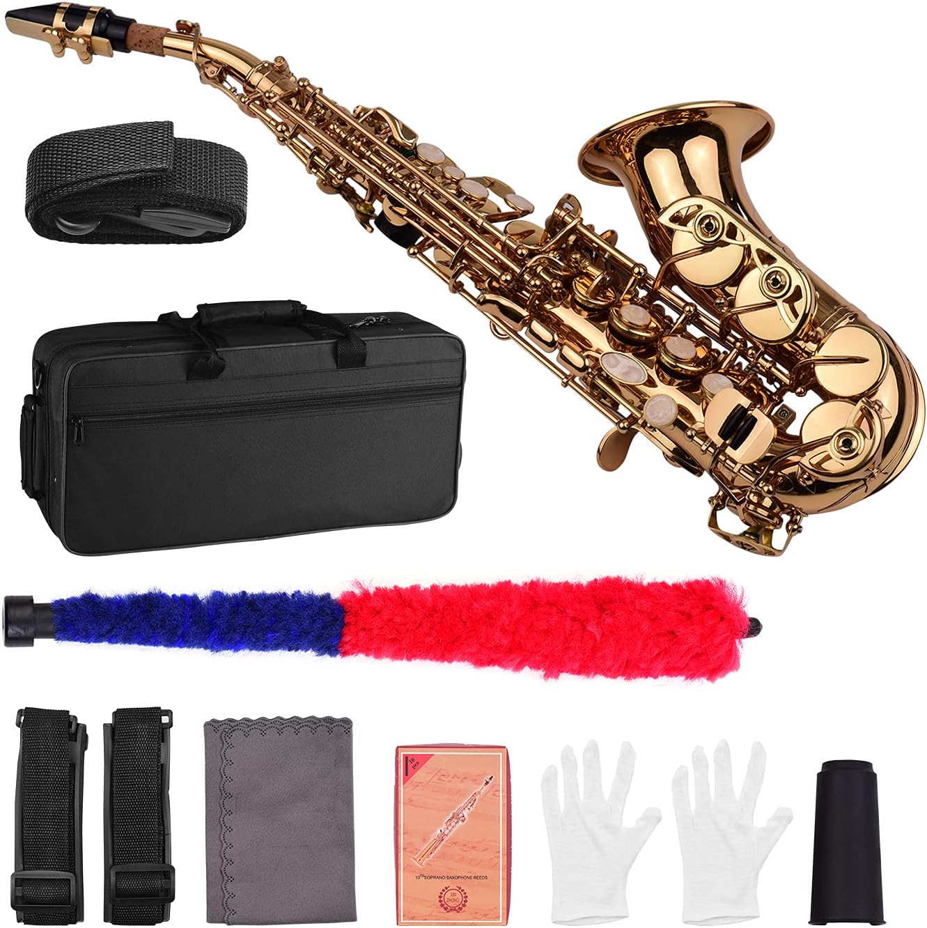 Saxophone, Soprano Saxophone,Mini Bb Soprano Saxophone Sax Brass Material Gold Laquer Surface Woodwind Instrument with Carry Case Gloves Cleaning Cloth Brush Reeds Sax Strap
