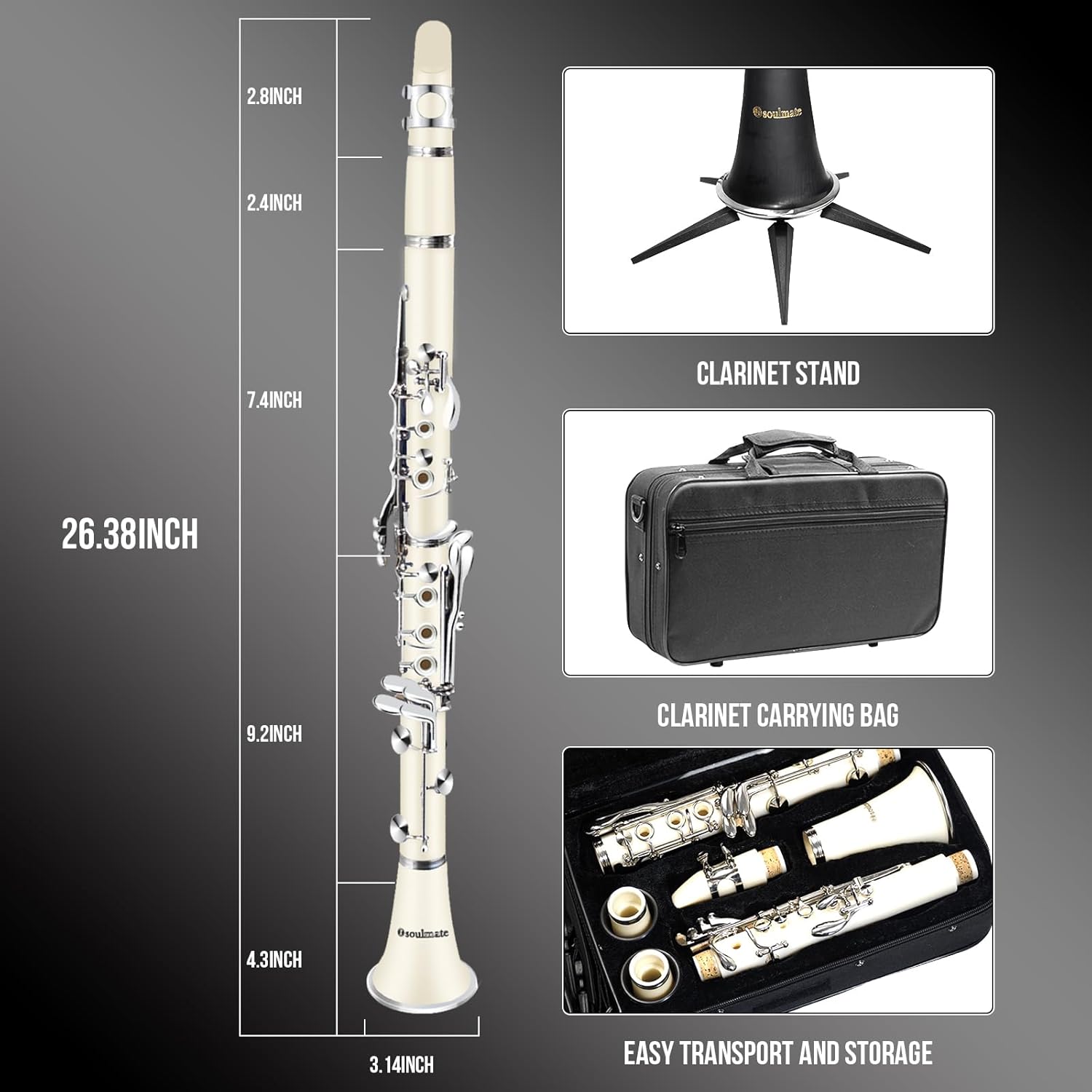 Soulmate Clarinet for Beginner Student Adults 17 Nickel-plated Keys Bb Flat with 2 Barrels 10 Reeds Hard Case and Clarinet Cleaning Kit, Woodwind Band & Orchestra Musical Instruments, White