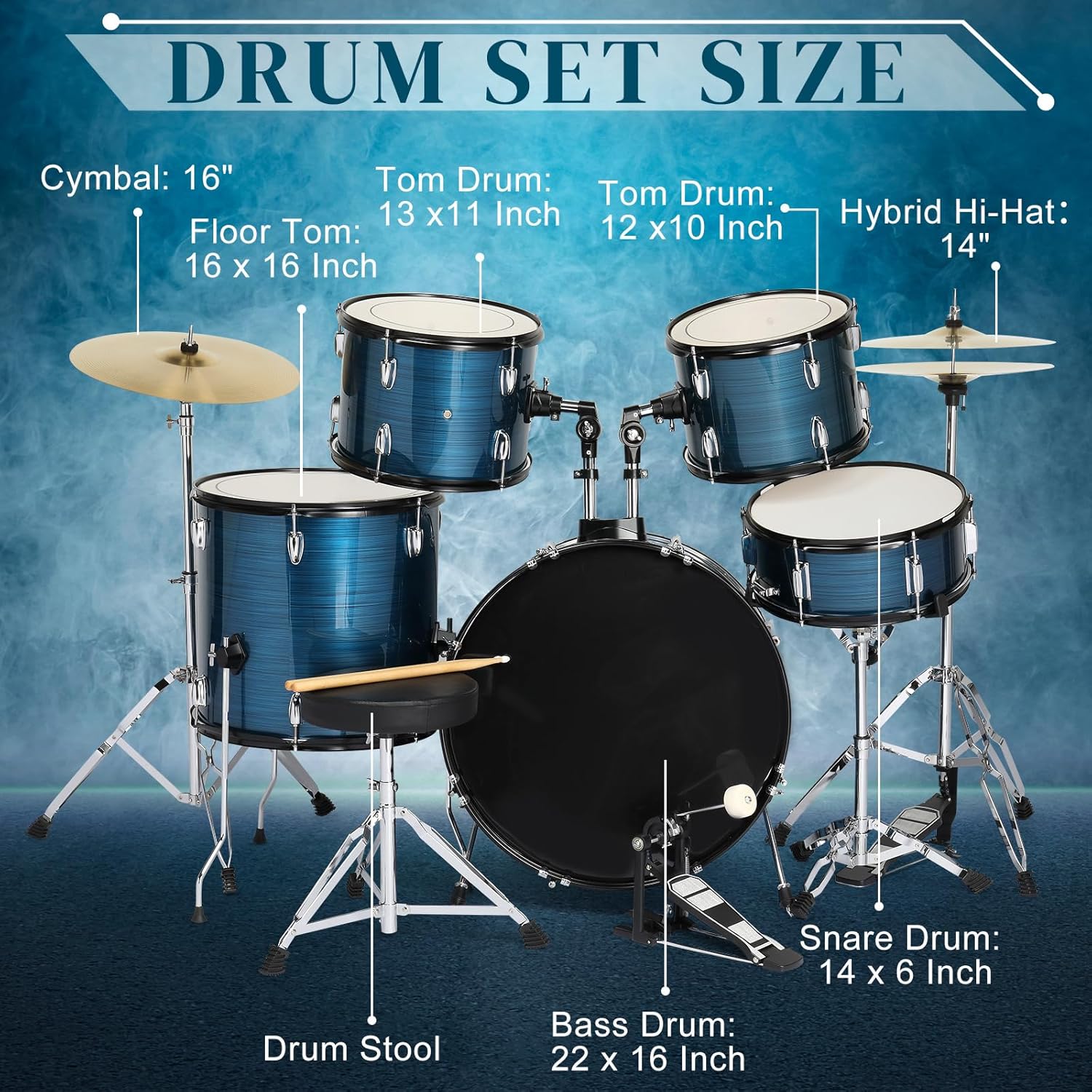 Ktaxon 22 Inch Adult Drum Set, 5-Piece Full-Size Drums Kit with Cymbal Stands, Hi-hat Stand, Sticks, Drum Pedal, Stool & Floor Tom for Beginner Teens Student (Brushed Blue)