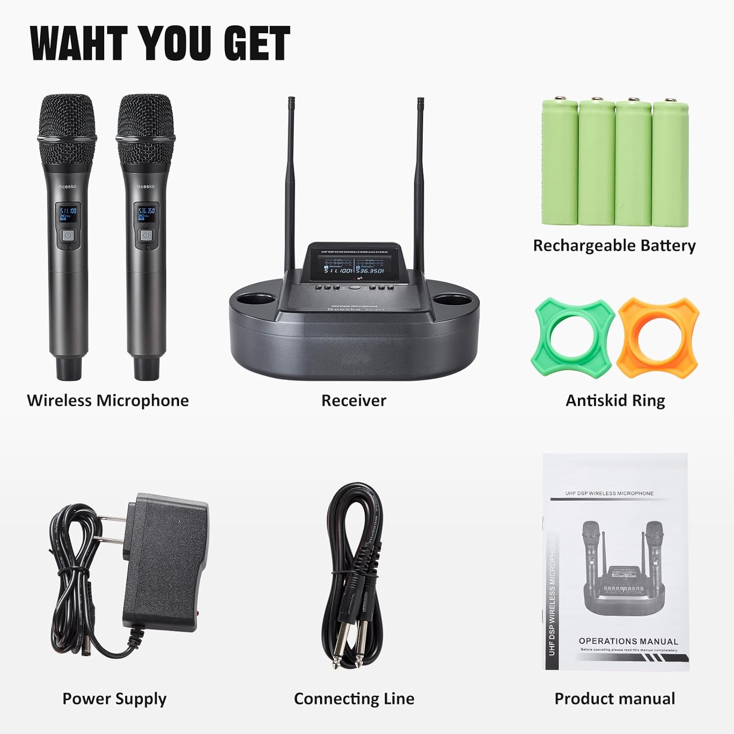 Rechargeable Handheld Wireless Microphone System, UHF Dual Professional Cordless Mics for Home Karaoke, Meeting, Party, Conference, Stage, 262ft Range