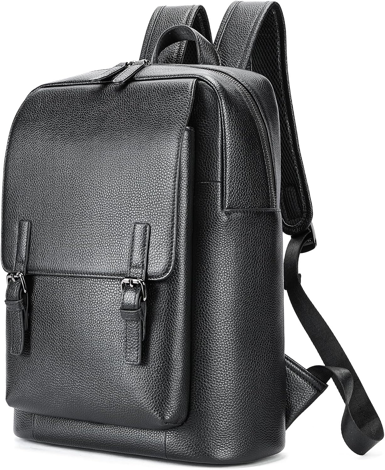 Genuine Leather Backpack for Men Vintage Water Resistant Sling Bag Travel Business Laptop 2 Buckles Gift Box (Black)