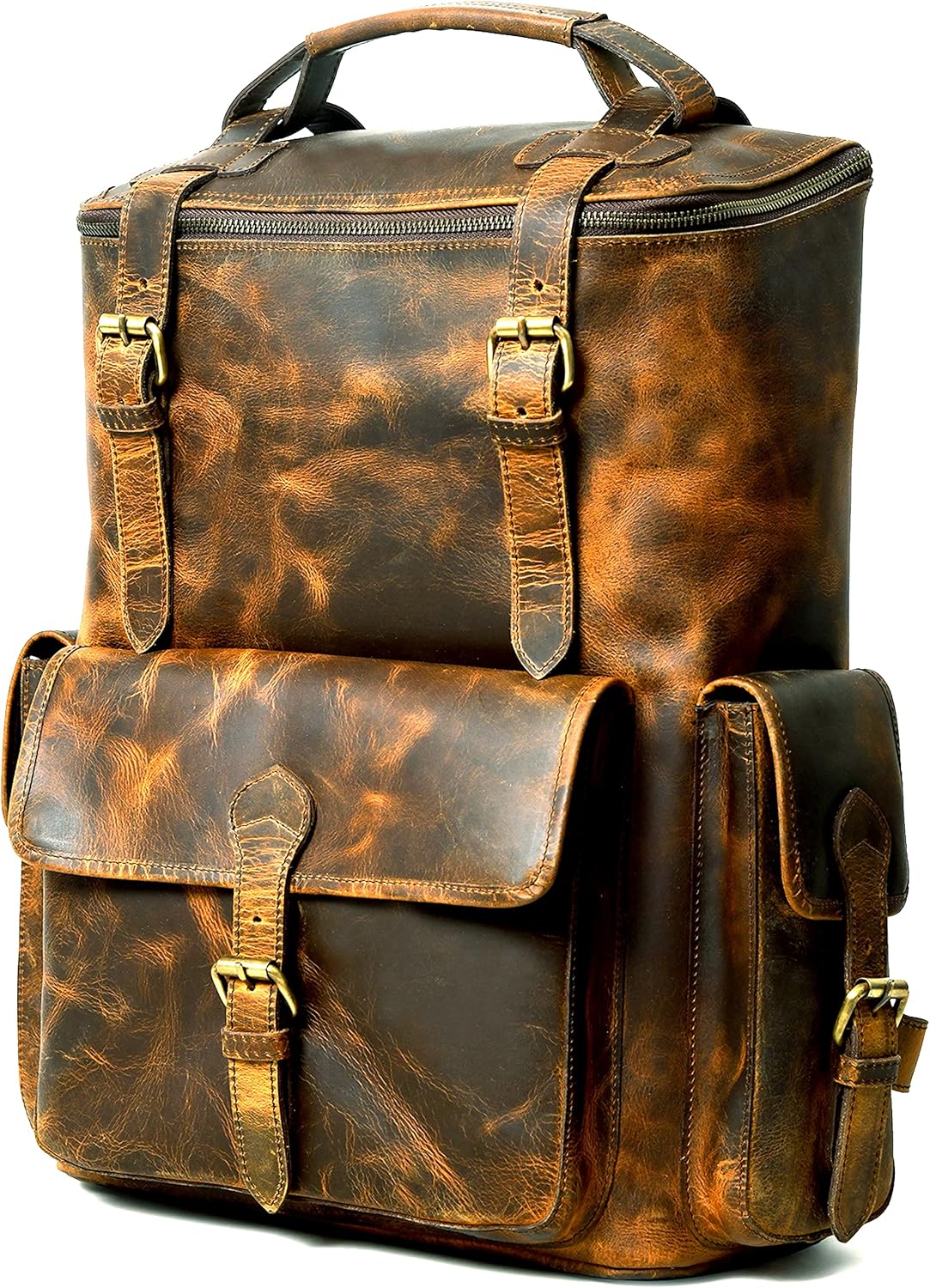 Gratlin Buffalo Leather Backpack for Men & Women | Multi Pocket Laptop Backpack | Vintage Brown Leather Rucksack for Travel & Trekking