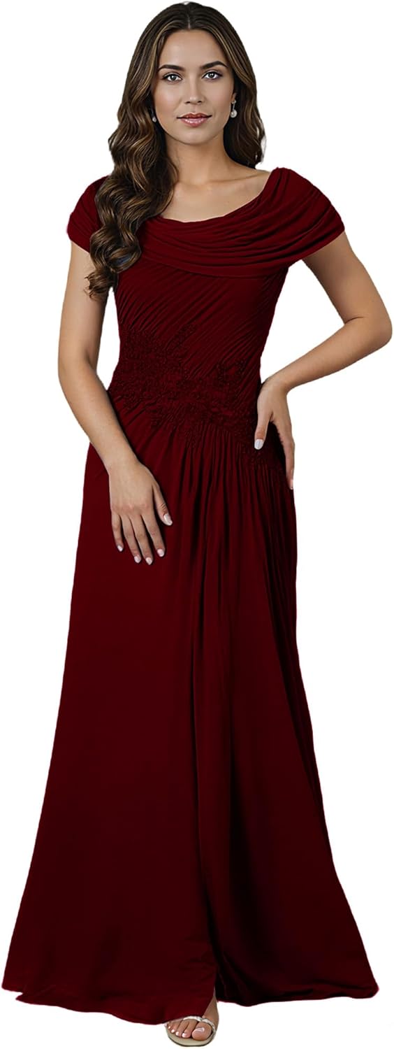 Cap Sleeves Mother of The Bride Dresses - Cowl Neck Long Chiffon Pleated Formal Evening Dresses