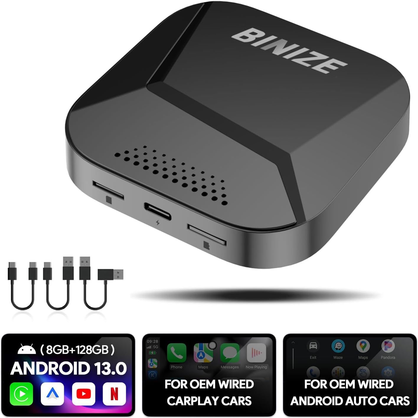 Binize Android 13 Carplay Ai Box Streaming 3.0 Wireless CarPlay/Android Auto Only Support Car OEM Wired CarPlay/AndroidAuto 8-Core (8G+128G)