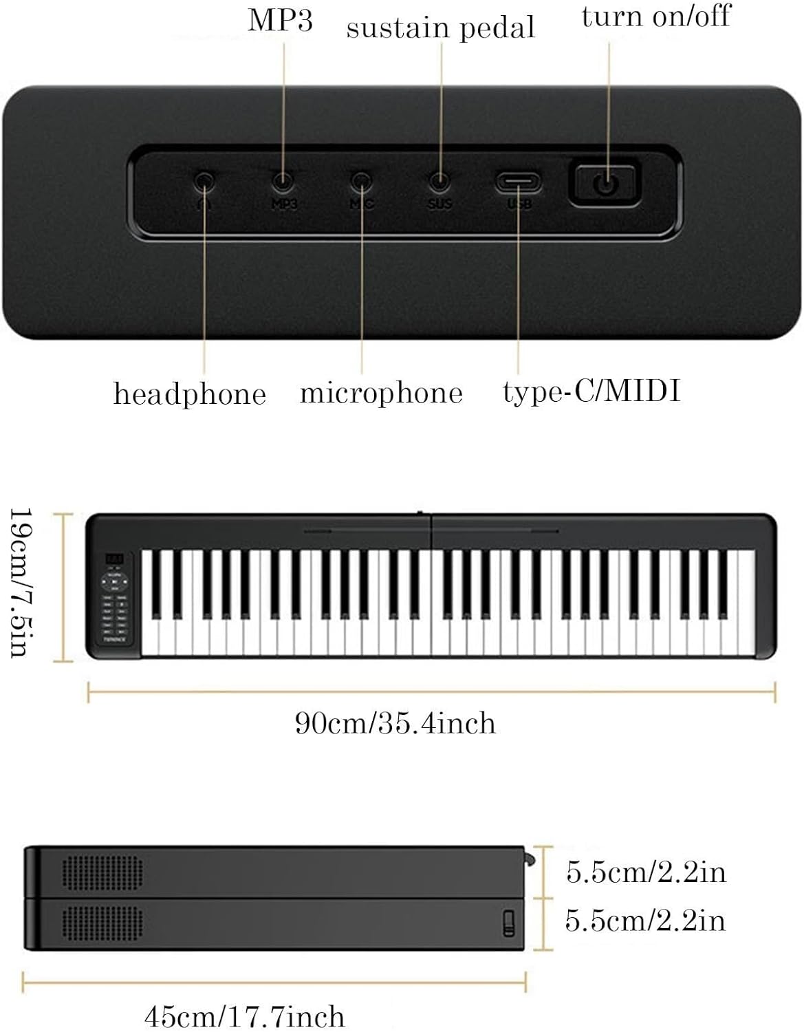 Folding Piano Keyboard 61 Key Touch-Sensitive Electric Piano, Portable, Rechargeable, Bluetooth, MIDI Mode for Beginners & Teens (Black)