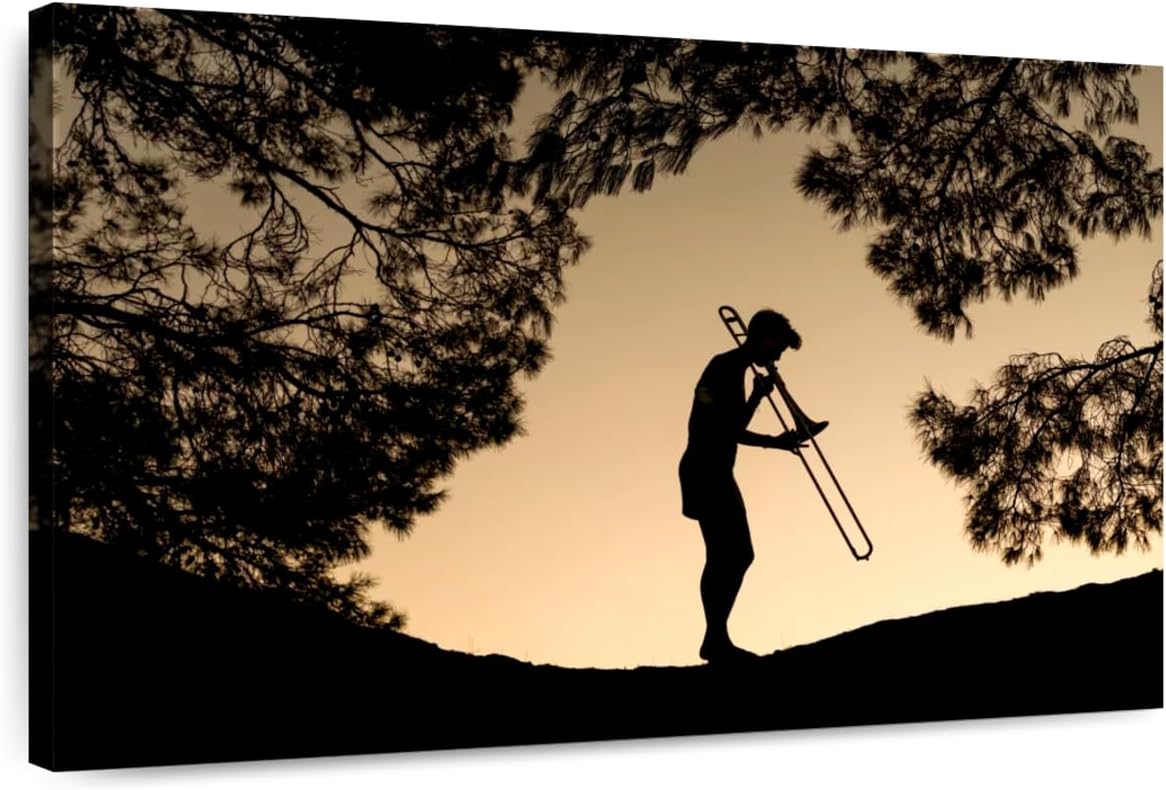 ElephantStock - Trombone Musician Wall Art - Horizontal Canvas Wall Art - Living Room Wall Decor - Photography Music Canvas Art - Black And Beige Decor - 30