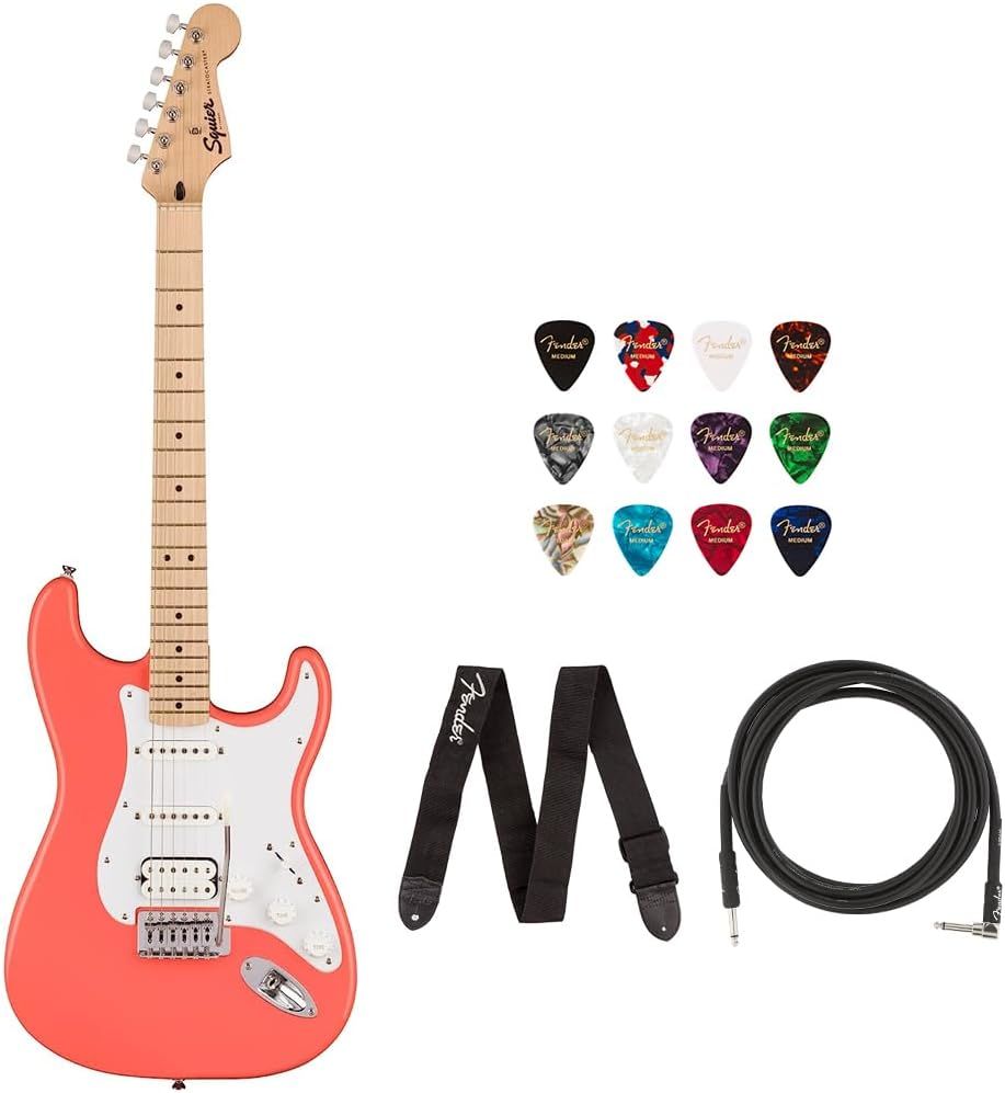Squire Sonic Stratocaster Electric Guitar, Tahitian Coral, Maple Fingerboard, White Pickguard Bundle with Fender Logo Guitar Strap Black, Fender 12-Pack Celluloid Picks, and Gator Guitar Stand