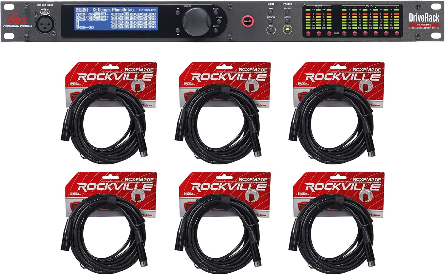 Audiosavings Bundle: (6) Rockville RCXFM20E-B 20 Foot Female to Male XLR Mic Cable Bundle with DBX VENUE360 VENU 360 DriveRack 3x6 PA Speaker Sound Processor System+APP (7 Items)