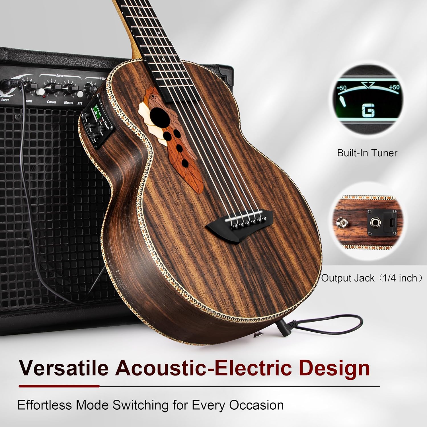 30inch Caramel CB904G Ebony Wood Electric Guitalele Small Guitar Kit Beginner Guitarlele Starter Bundle Strings, Padded Gig Bag, Strap Set (Ebony)