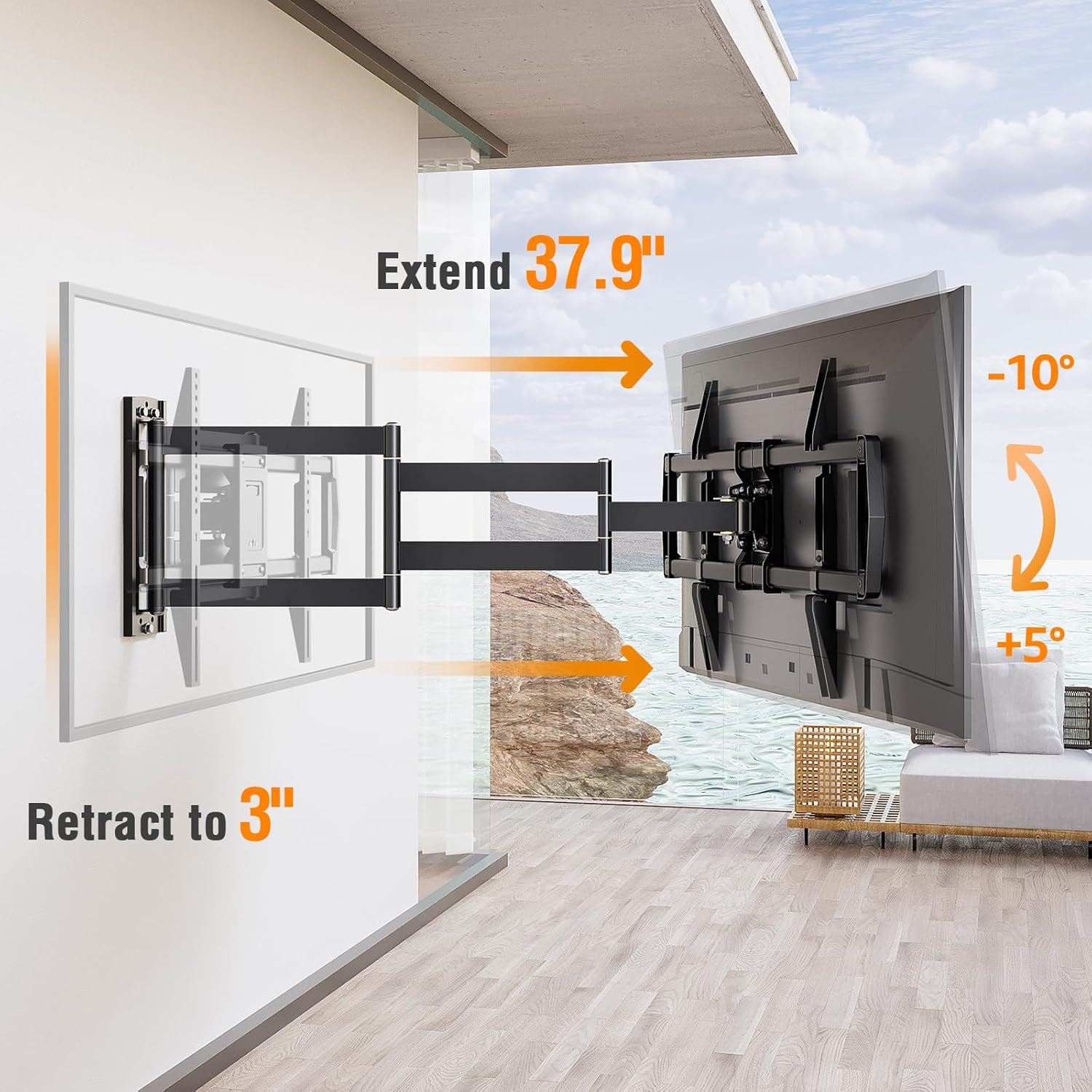 ELIVED Outdoor Long Arm TV Wall Mount for Most 42-75 Inch TVs, 37.9 Inch Long Extension Corner TV Mount, Weatherproof Full Motion tv Bracket Anti-Rust for Patio, Holds 99 lbs. Max VESA 600x400mm