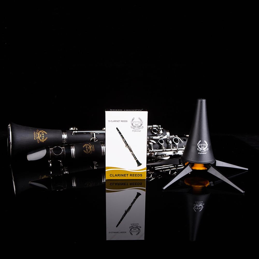 Rhythm Bb Clarinet 17 Nickel Keys Woodwind Band & Orchestra Musical Instruments for Beginners Includes Case, Stand, 10 Reeds and Cleaning Kit-Black/Silver keys