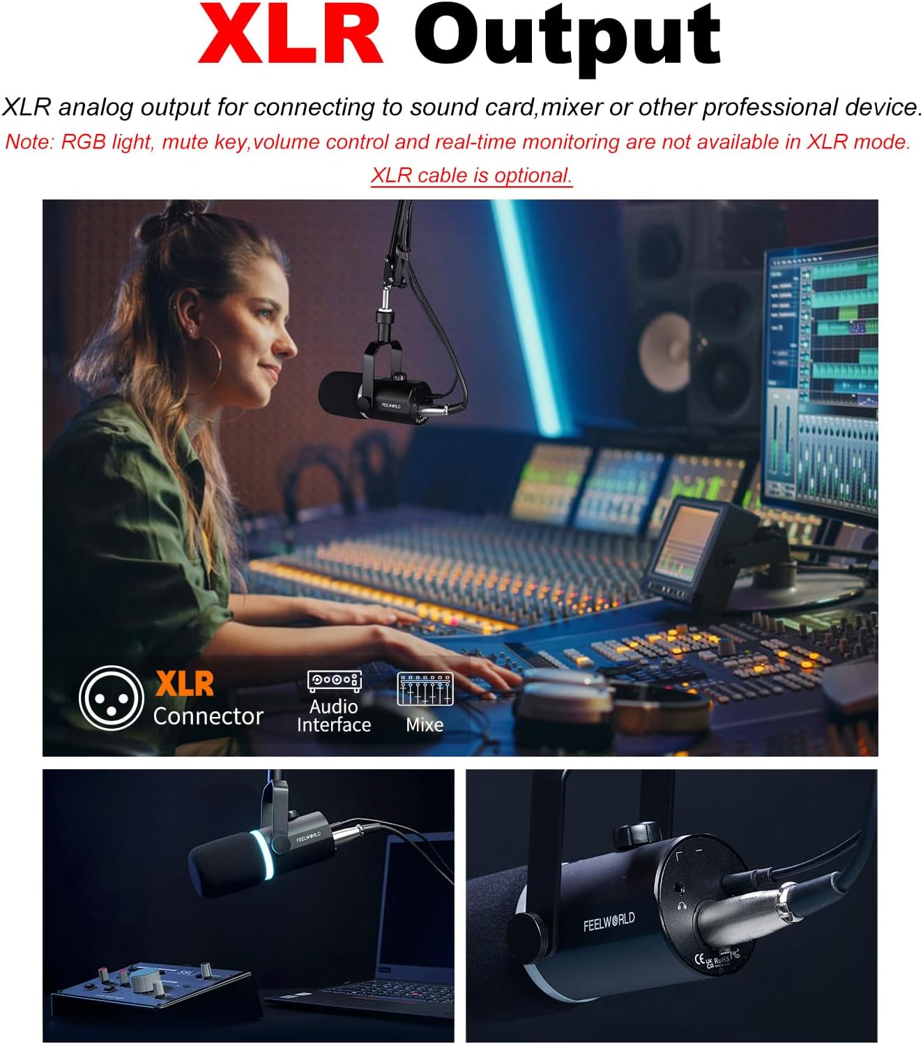 FEELWORLD PM1 XLR/USB Dynamic Metal RGB Lighting Microphone,50Hz-14kHz,XLR Output,USB-C Output,Real-time Monitoring,Multiple Function Key&Knob for Podcasting Recording Gaming Live Streaming