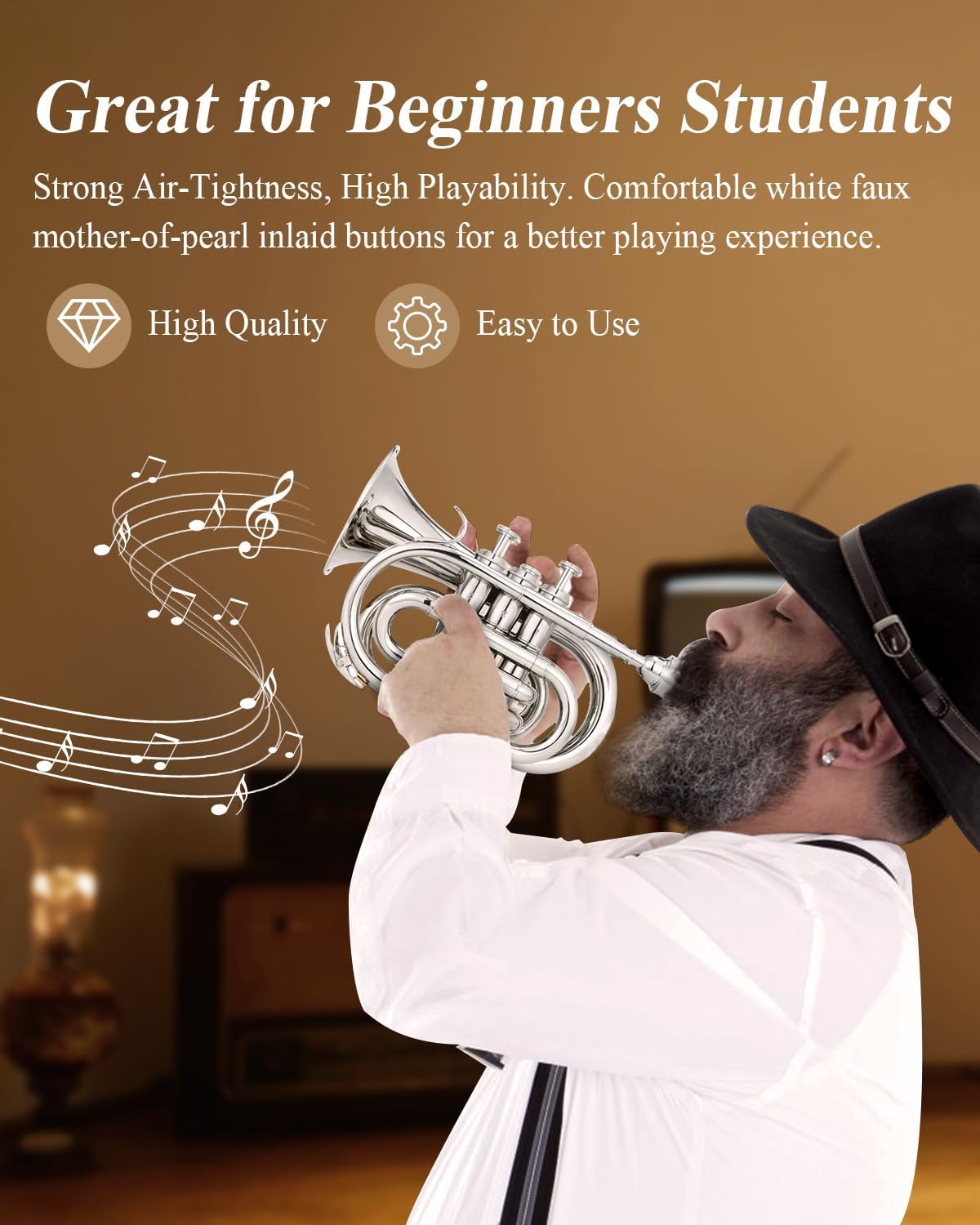 Eastar Pocket Trumpet B Flat for Beginners Students, Brass Trumpet Mouthpiece 7C, Cleaning Kit, Hard Case, Gloves, ETR-330N, Nickel