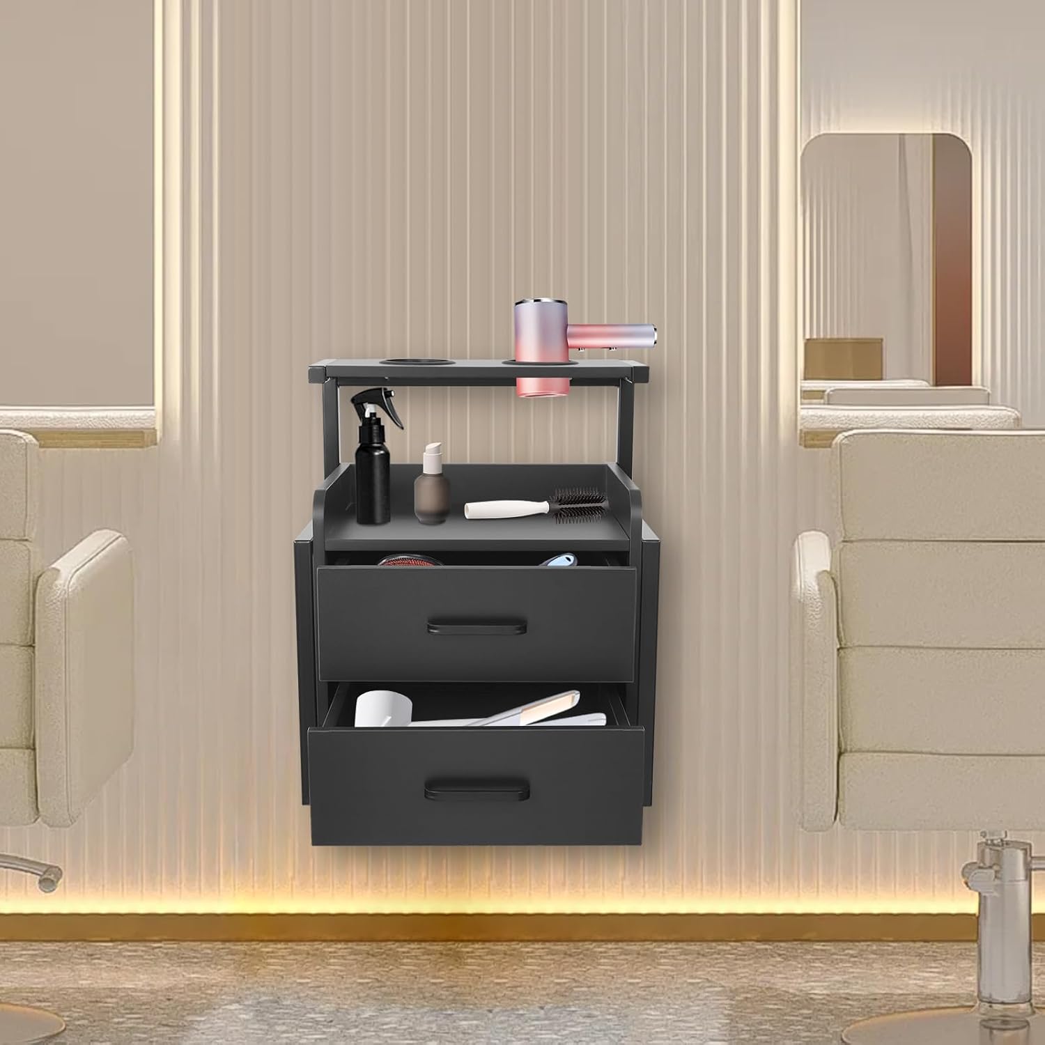 Wall Mount Styling Station Classic Locking 2 Drawers Storage Beauty Salon Equipment 2 Hair Dryer Holes Locking Cabinet for Beauty Salon or SPA, Barber Shop, Home & Bathroom, Black
