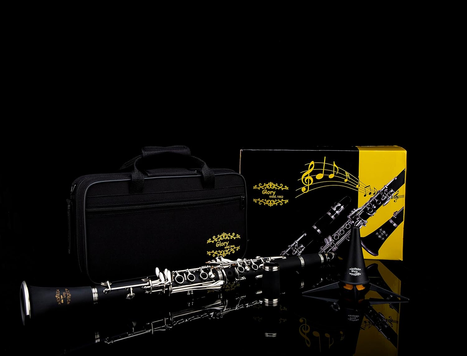 Glory GLY-PBK Professional Ebonite Bb Clarinet with 10 Reeds, Stand, Hard Case, Cleaning Cloth, Cork grease, Mouthpiece Brush and Pad Brush, Black