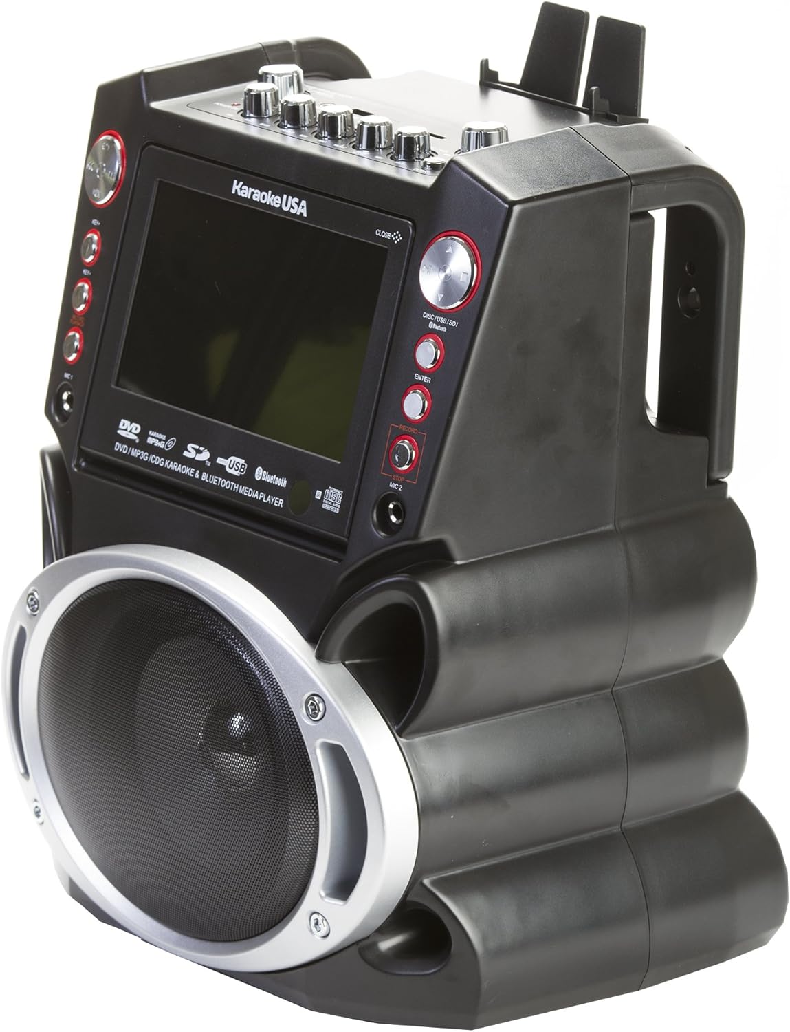 Karaoke USA GF845 Complete Karaoke System with 2 Microphones, Remote Control, 7” Color Display, LED Lights - Works with DVD, Bluetooth, CD, MP3 and All Devices