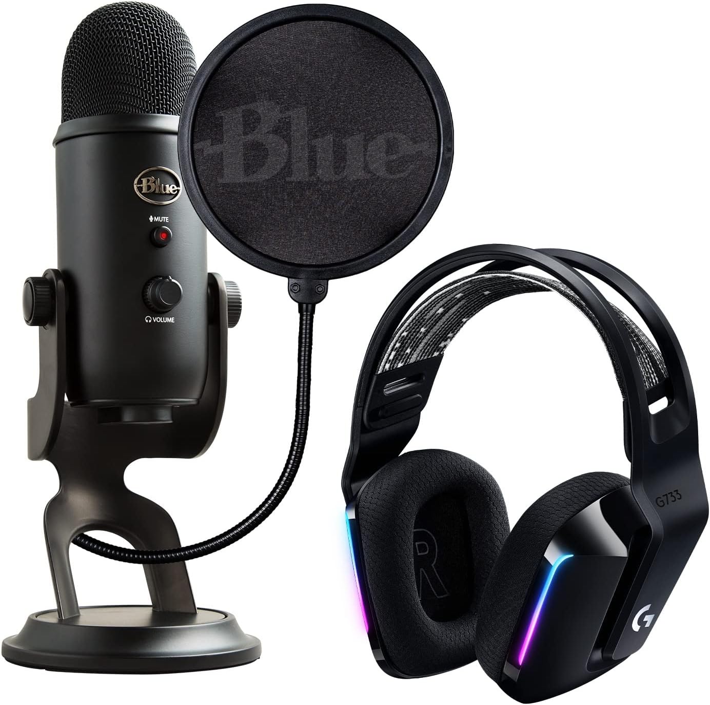 Blue Yeti Game Streaming Kit with Yeti USB Gaming, Podcast Mic, Pop Filter, PC/Mac/PS5 + G733 Lightspeed Wireless Gaming Headset with Suspension Headband, Lightsync RGB, and PRO-G audio - Blackout