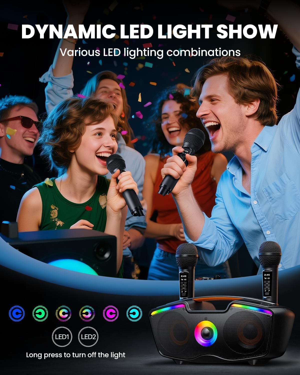 Bluetooth Karaoke Machine for Adults & Kids, 80W Portable Speaker with 2 Wireless Microphones, Echo Adjustment, Support USB/AUX/TF Card, for Outdoor/Indoor Gathering Gifts