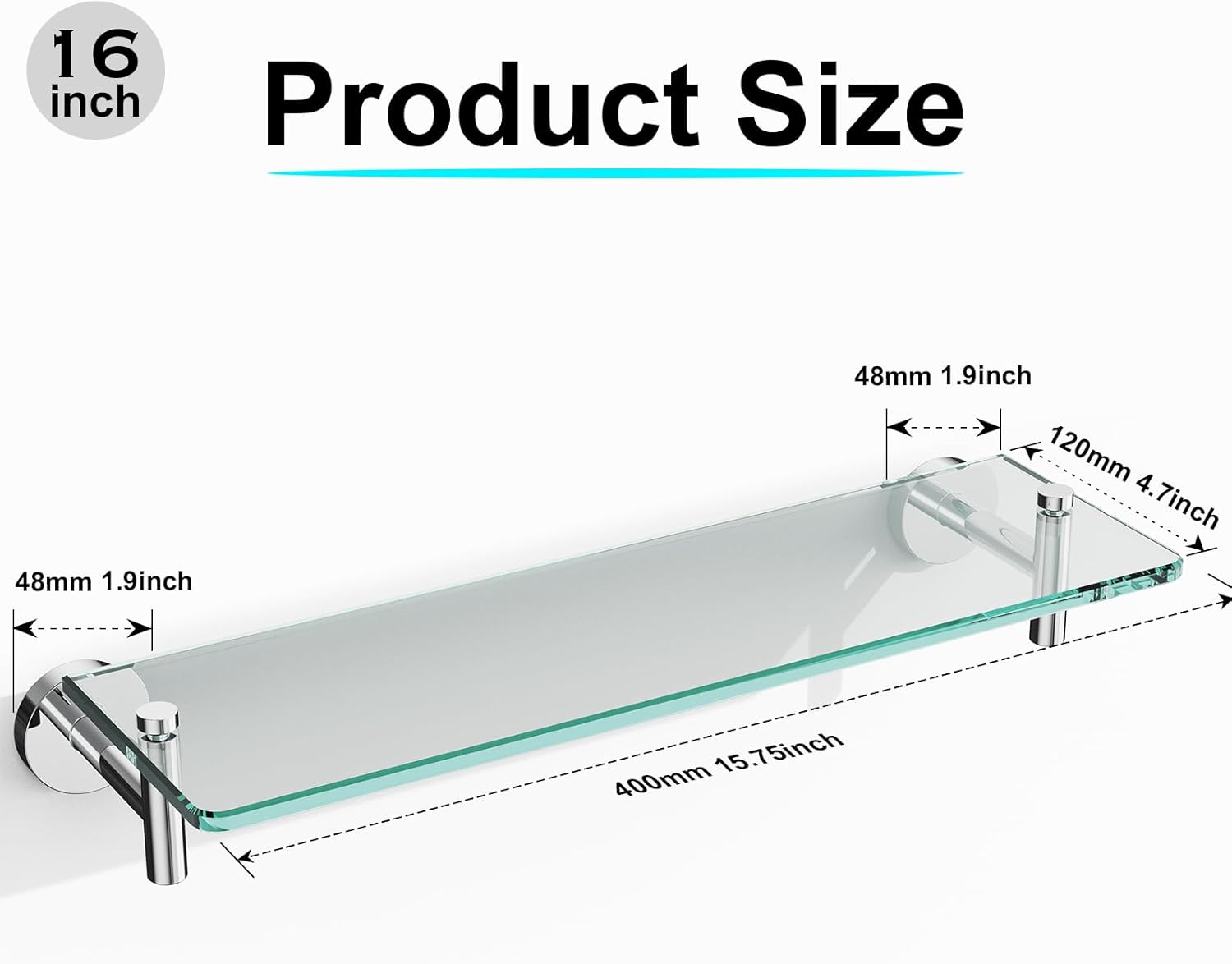 Bathroom Glass Shelf Wall Mount 2 Pack, 16-Inches Floating Glass Shelves,Glass Shelf with Towel Bar (Chrome Polished)