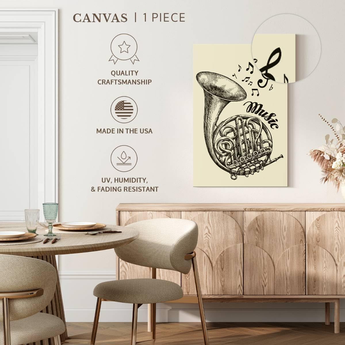 ElephantStock - French Horn Music Wall Art - Vertical Canvas Wall Art - Living Room Wall Decor - Drawing Music Canvas Art - Beige And Black Decor - 34