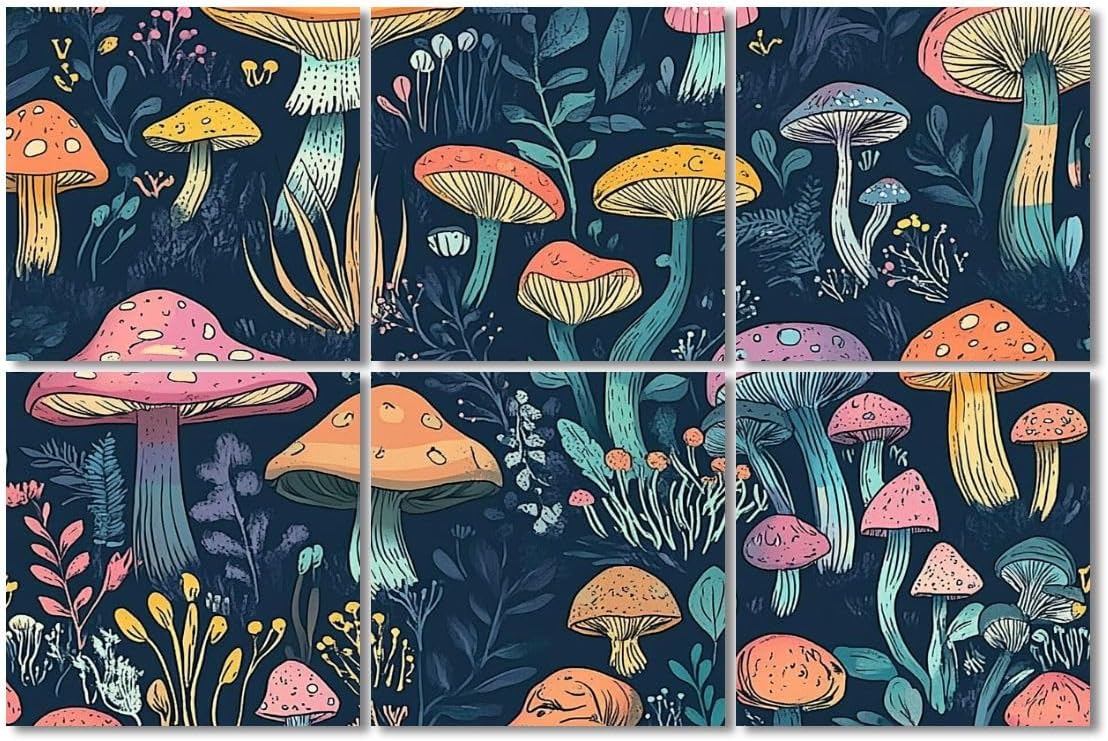 6 Pack Art Acoustic Panels Sound Absorbing Coloful Pink Yellow Red Magical Mushroom Forest Dark Navy Black Decorative Soundproof Wall Panels Self Adhesive for Recording Studios Office 72