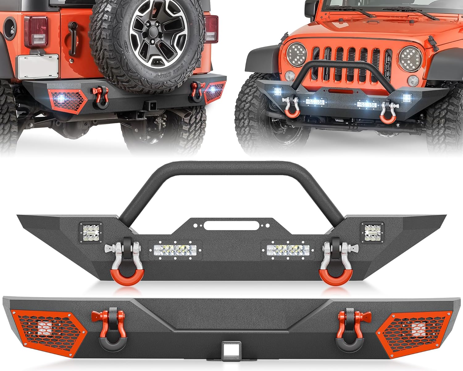 SUORTO Front & Rear Bumper Compatible with 2007-2018 Jeep Wrangler JK JKU Unlimited Off-Road Bumper Include Winch Plate, Paintable Armor, 2
