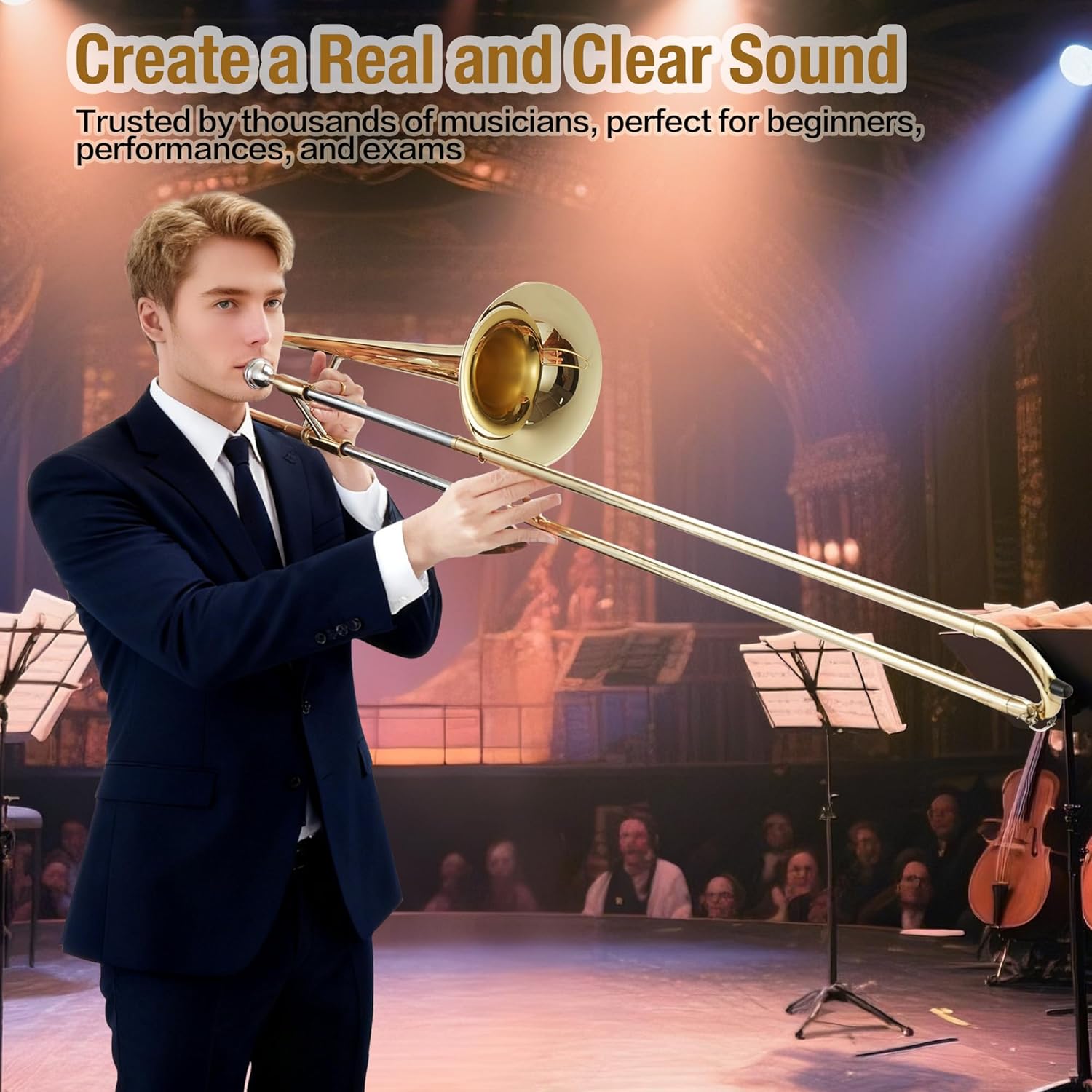 GarveeLife B Flat Alto Trombone for Beginners - Brass Trombone with Mouthpiece, Case, Cleaning Cloth, Gloves and Cleaning Rod, Professional Musical Instruments for Students - Gold Lacquer