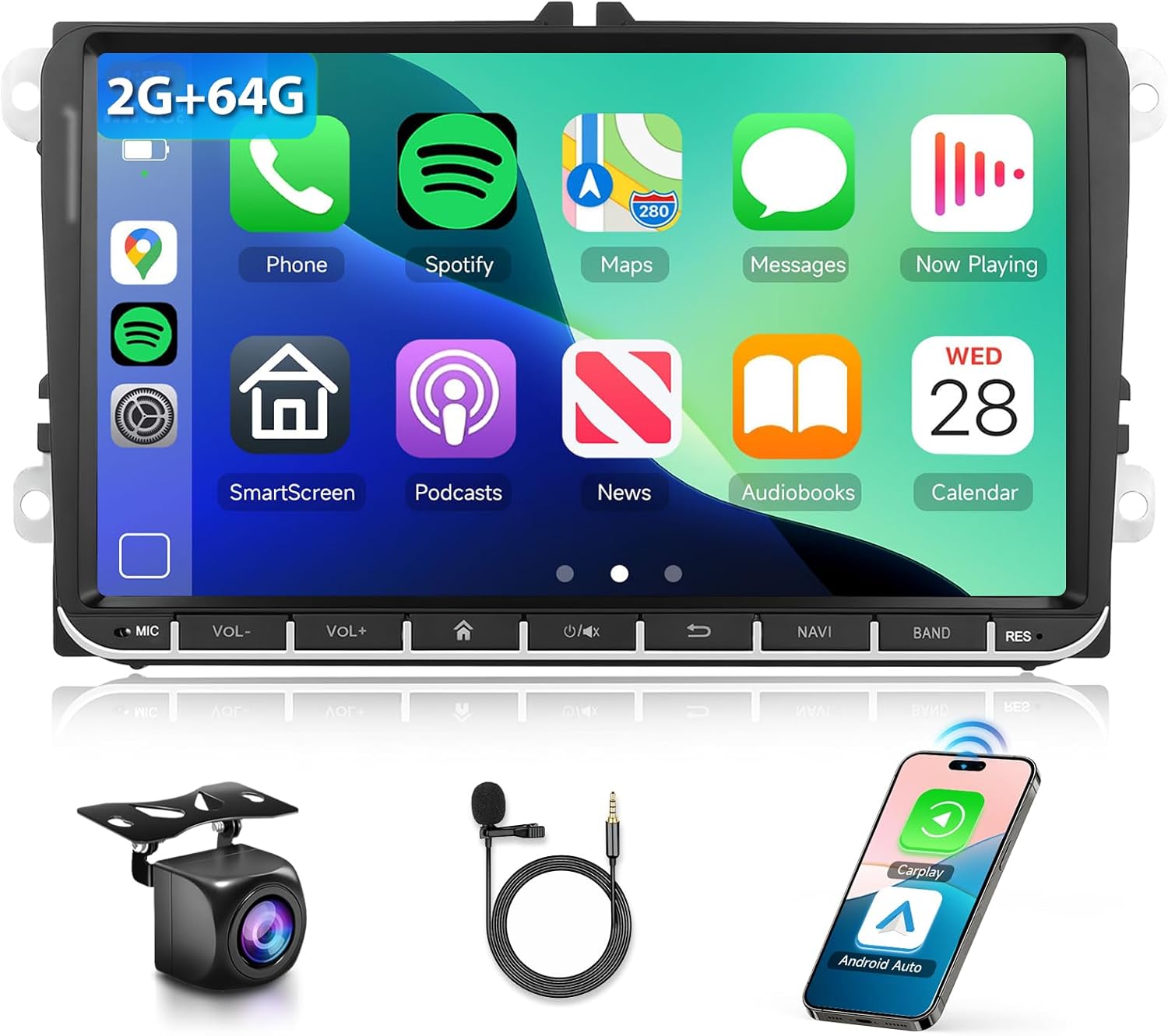 2G+64G for VW Passat Tiguan Golf Jetta T5 EOS Polo Skoda Android Car Stereo with Wireless Carplay Android Auto, 9“ Touch Screen Bluetooth Car Radio Support GPS Navigation WiFi FM SWC+Backup Camera