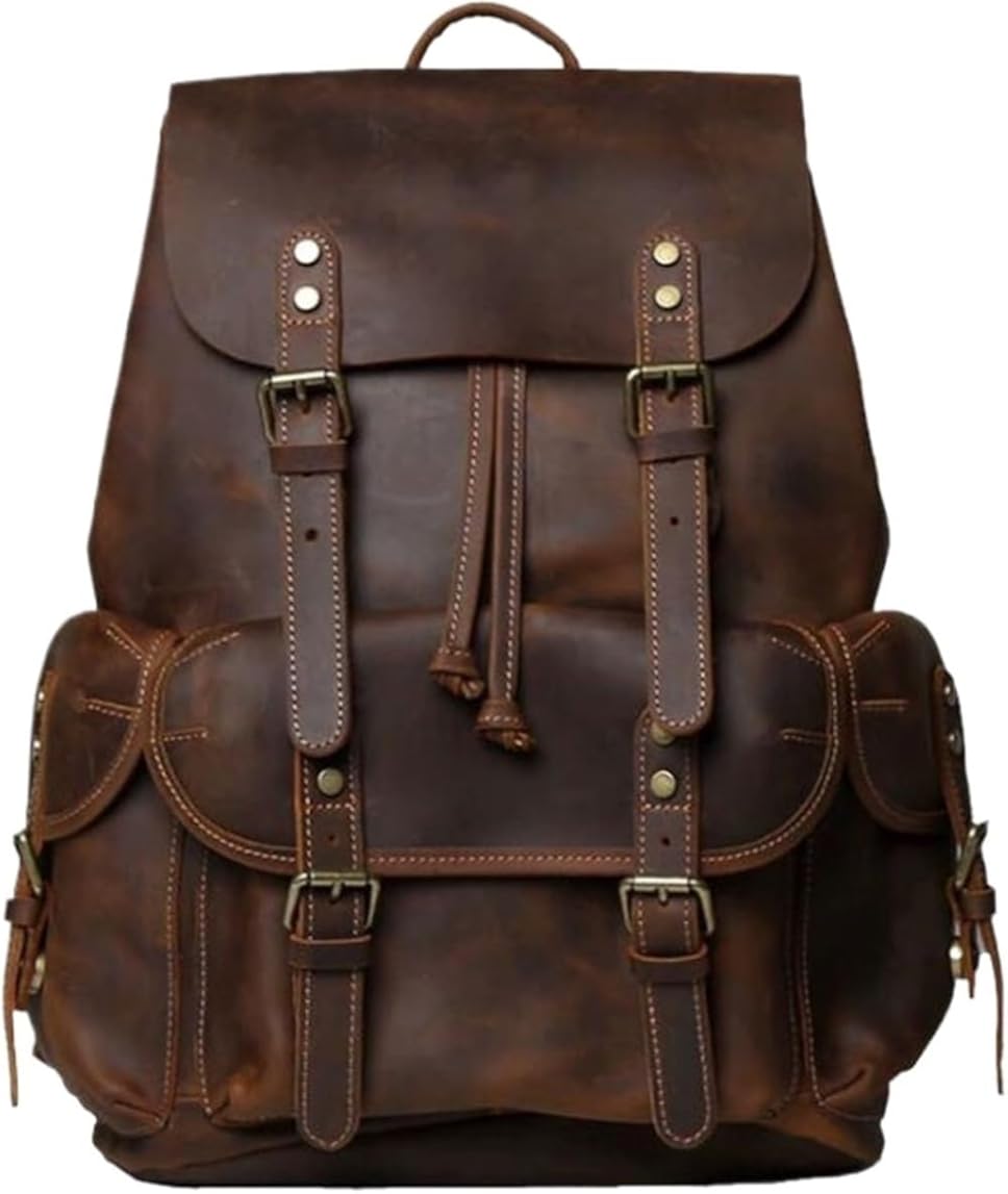 Men's Retro Genuine Leather Backpack - Casual Daypack Laptop Bag for Travel Work & Business Gift Box (Coffee)