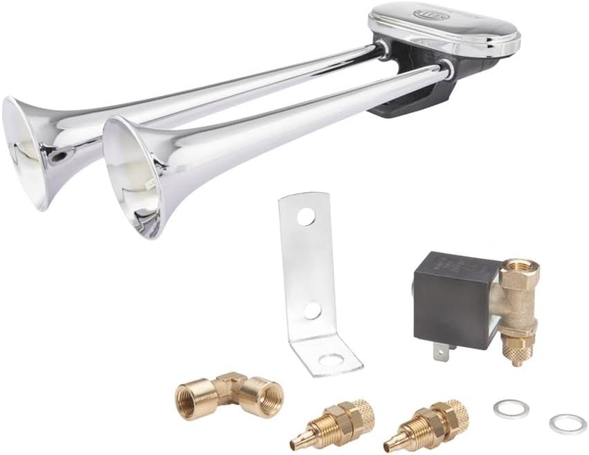 HELLA 3PB 005 411-901 Fanfare - 24V - 116dB(A) - 311Hz-349Hz - Low/High - Electric-Pneumatic - ECE - Silver - Screwed - Connector: Flat Connector - Set - Quantity: 1