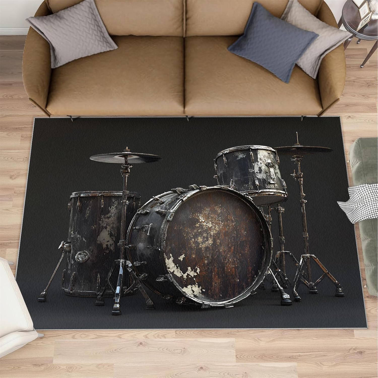 7 x 9 Area Rug, Musical Instruments Rugs for Bedroom, Drum Set Rugs for Living Room, Music Lover Machine Washable Carpet for Front Entrance Floor Decor