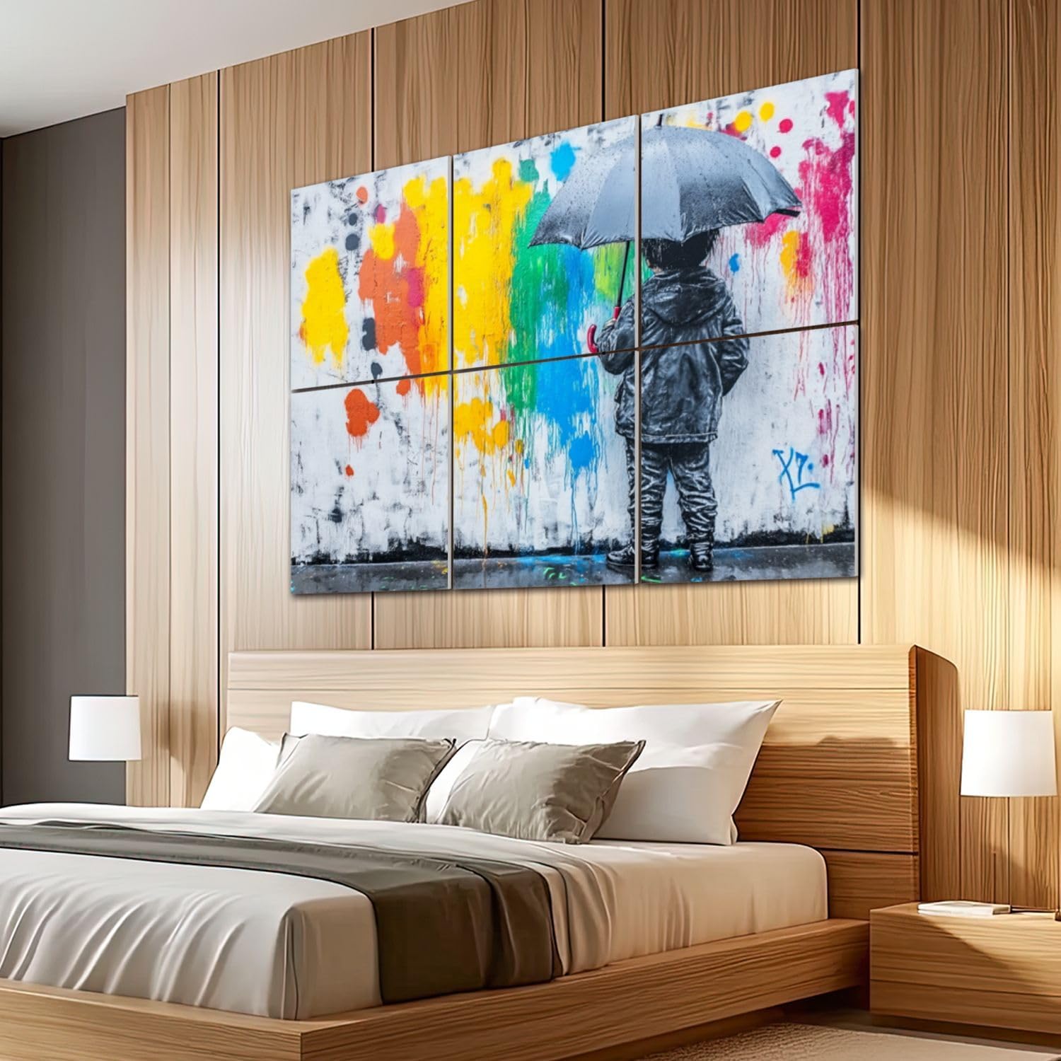 6 Pack Art Acoustic Panels Sound Absorbing Raining Day Colorful Graffiti Street Famous Modern Inspirational Grey Decorative Soundproof Wall Panels Self Adhesive for Recording Studios Office 72