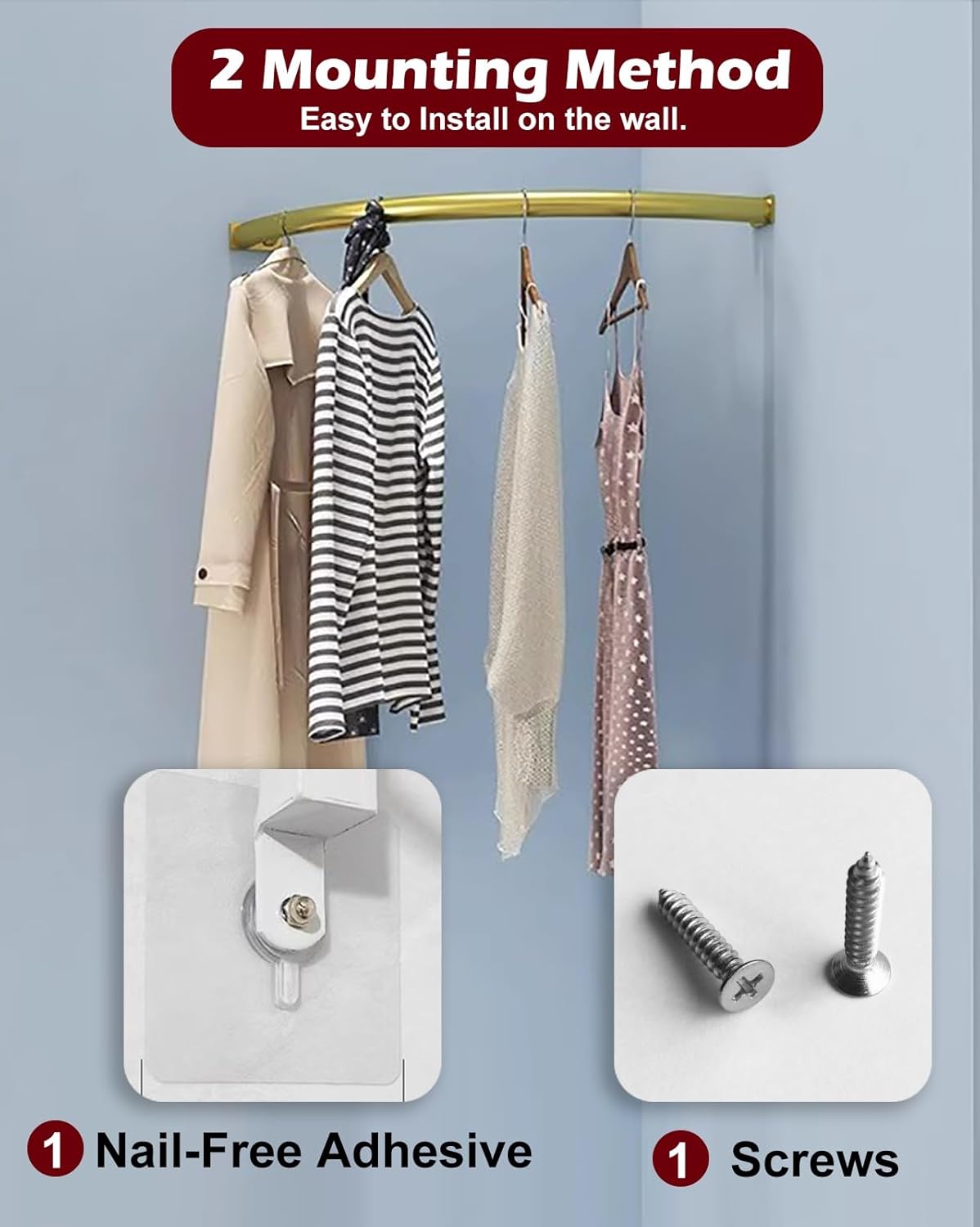 Corner closet rod hanger, Curved closet bar for hanging clothes, no-drilling Wardrobe tube, closet pole garment storage clothes rack(Gold,100 x 100 cm (39 3/8 x 39 3/8