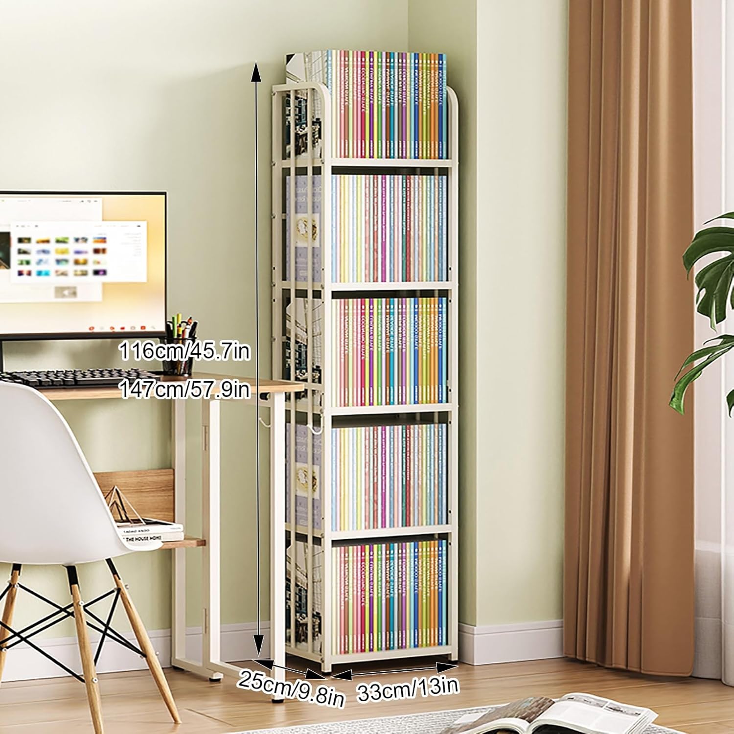 Vertical Bookshelf Tower, Modern Open Metal Bookcase, Corner Standing Shelf, Multipurpose Display Storage Rack, Adjustable Foot Pads, for Living Room, Home, Office(116cm/45.7in)